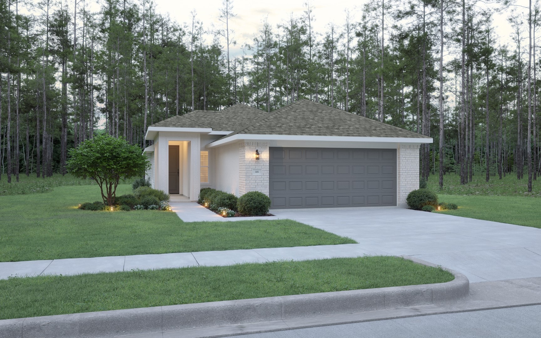 A single-story modern house with a two-car garage, light brick exterior, and a gray garage door, set on a neatly landscaped lawn with shrubs and a tree, surrounded by tall trees in the background.