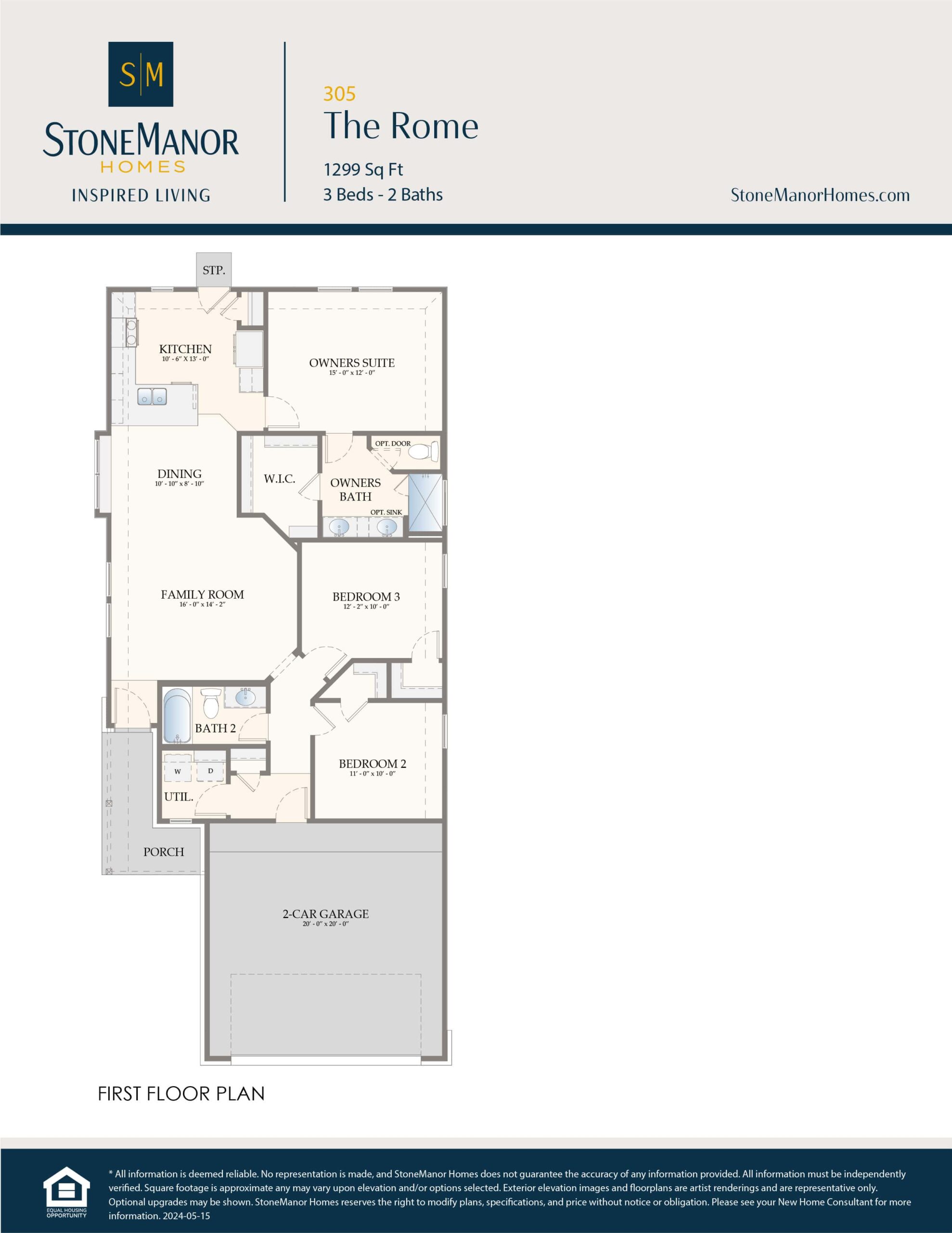 First floor plan of a house called “The Rome” by Stone Manor Homes, showing 3 bedrooms, 2 bathrooms, a family room, kitchen, dining area, laundry, porch, and a 2-car garage. Total area: 1,299 sq. ft.