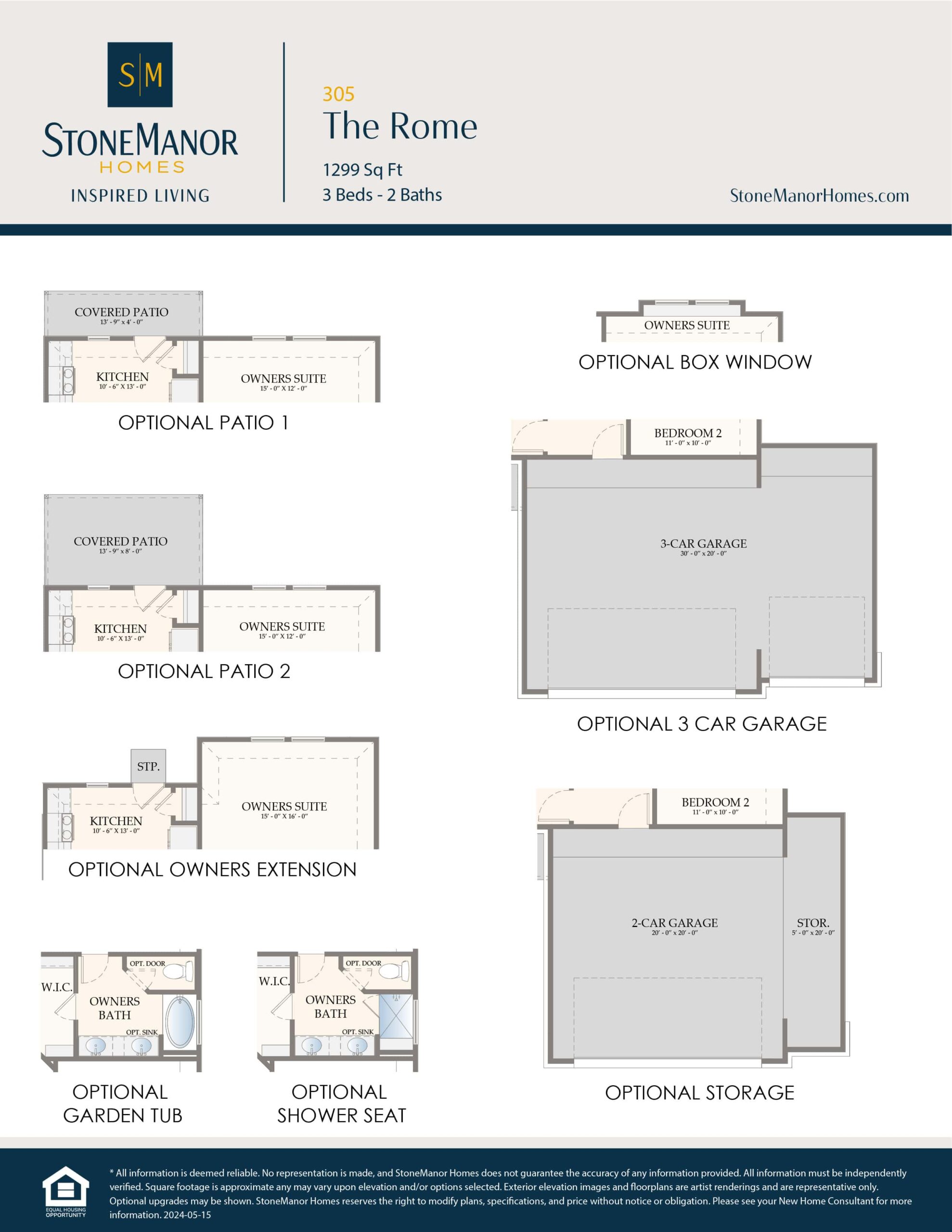 A floor plan options sheet for The Rome home model by Stone Manor Homes, showing 3 bed, 2 bath layout options for patios, garage, box window, garden tub, shower seat, and extra storage.