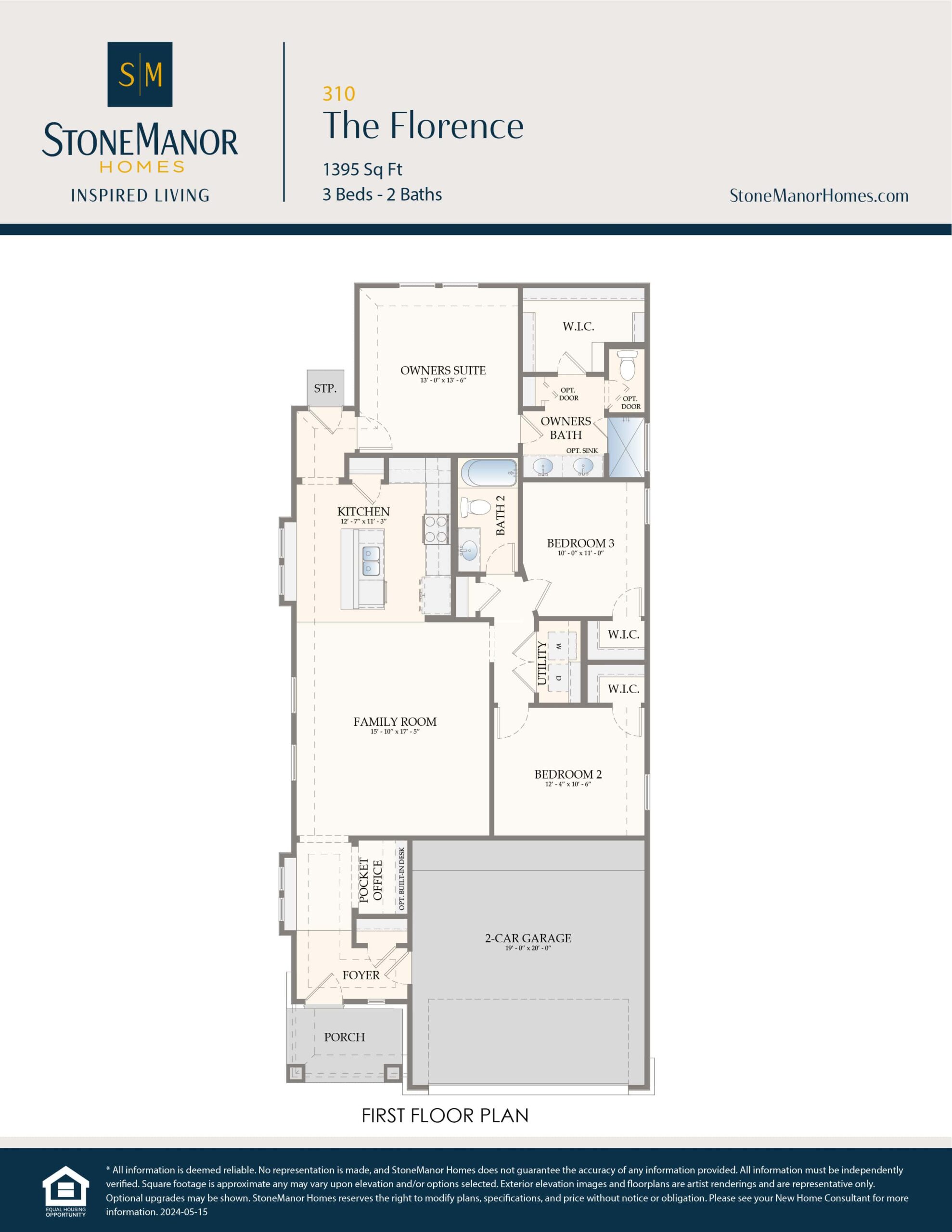 First floor plan labeled “The Florence” by Stone Manor Homes. Includes 3 bedrooms, 2 bathrooms, family room, kitchen, dining area, laundry, owners suite with bath, two closets, 2-car garage, and front porch.