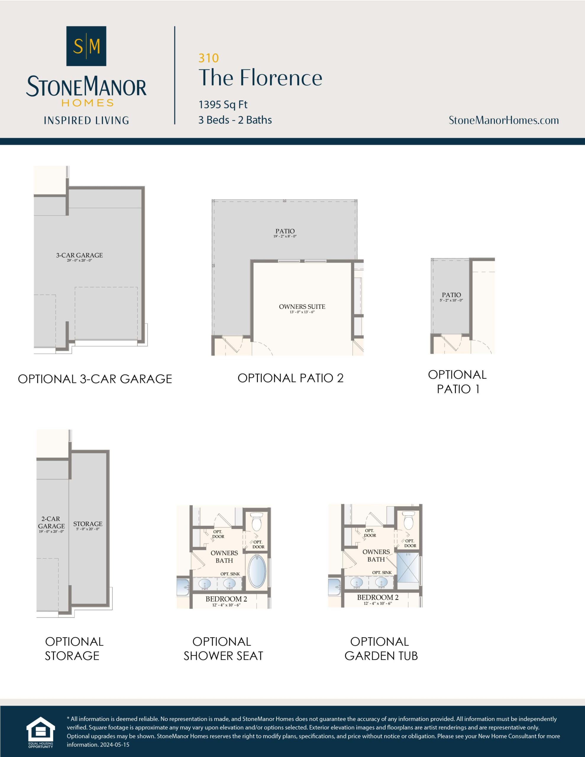 A floor plan options sheet for The Florence home, showing layouts for an optional 3-car garage, two patio options, storage, shower seat, and garden tub. Branding and contact info for Stone Manor Homes are displayed at the top.