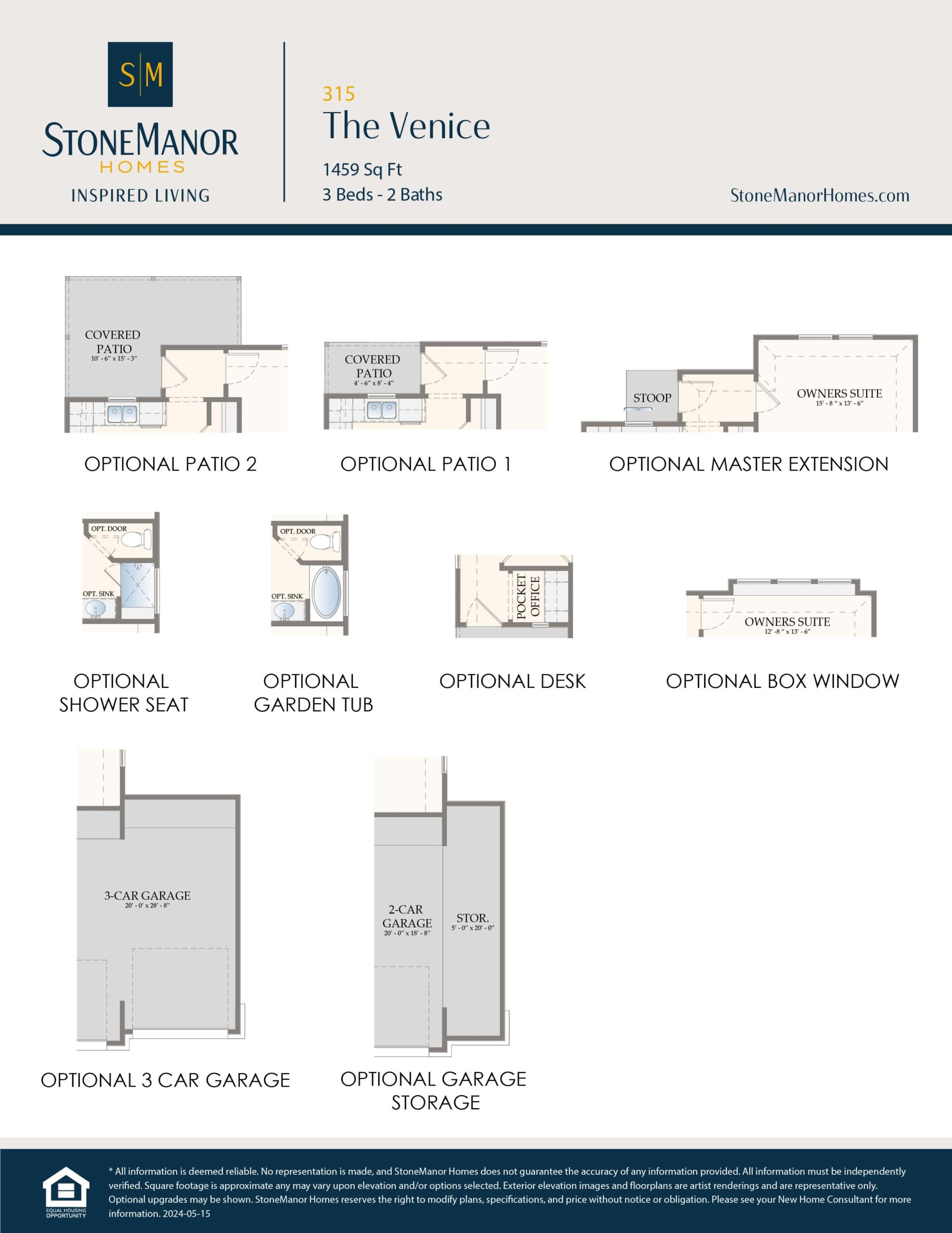 A floor plan options sheet showing add-ons like two patio types, master extension, shower seat, garden tub, desk, box window, and different 3-car garage storage options for The Venice home by StoneManor Homes.