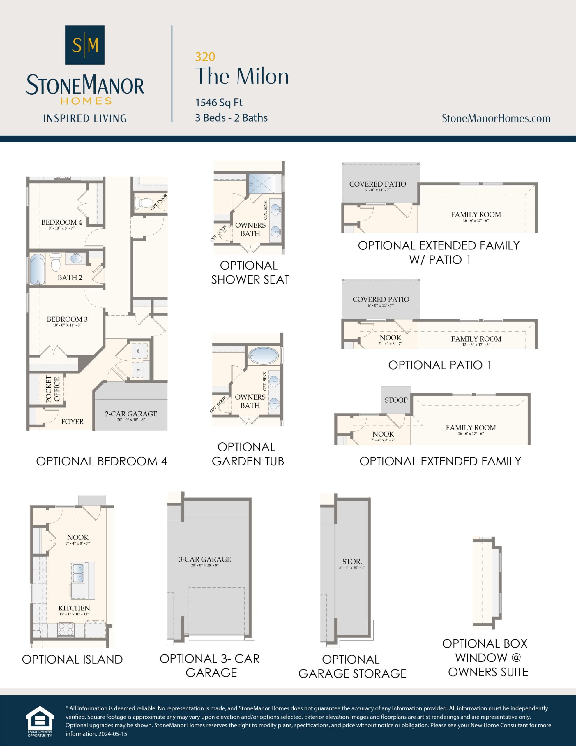 A floor plan options sheet for The Milon by Stone Manor Homes, showing various optional features including extra bedrooms, garage spaces, patios, a garden tub, shower seat, and extended family room.