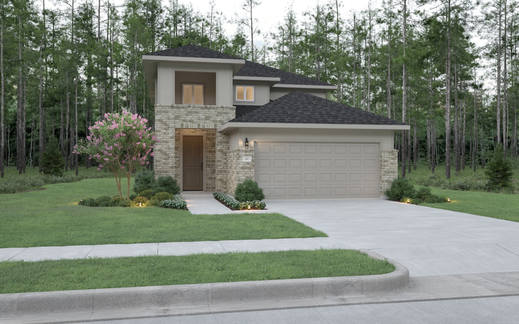 A modern two-story brick house with a double garage, surrounded by a well-kept lawn, shrubs, and a flowering tree, set against a backdrop of tall green trees.