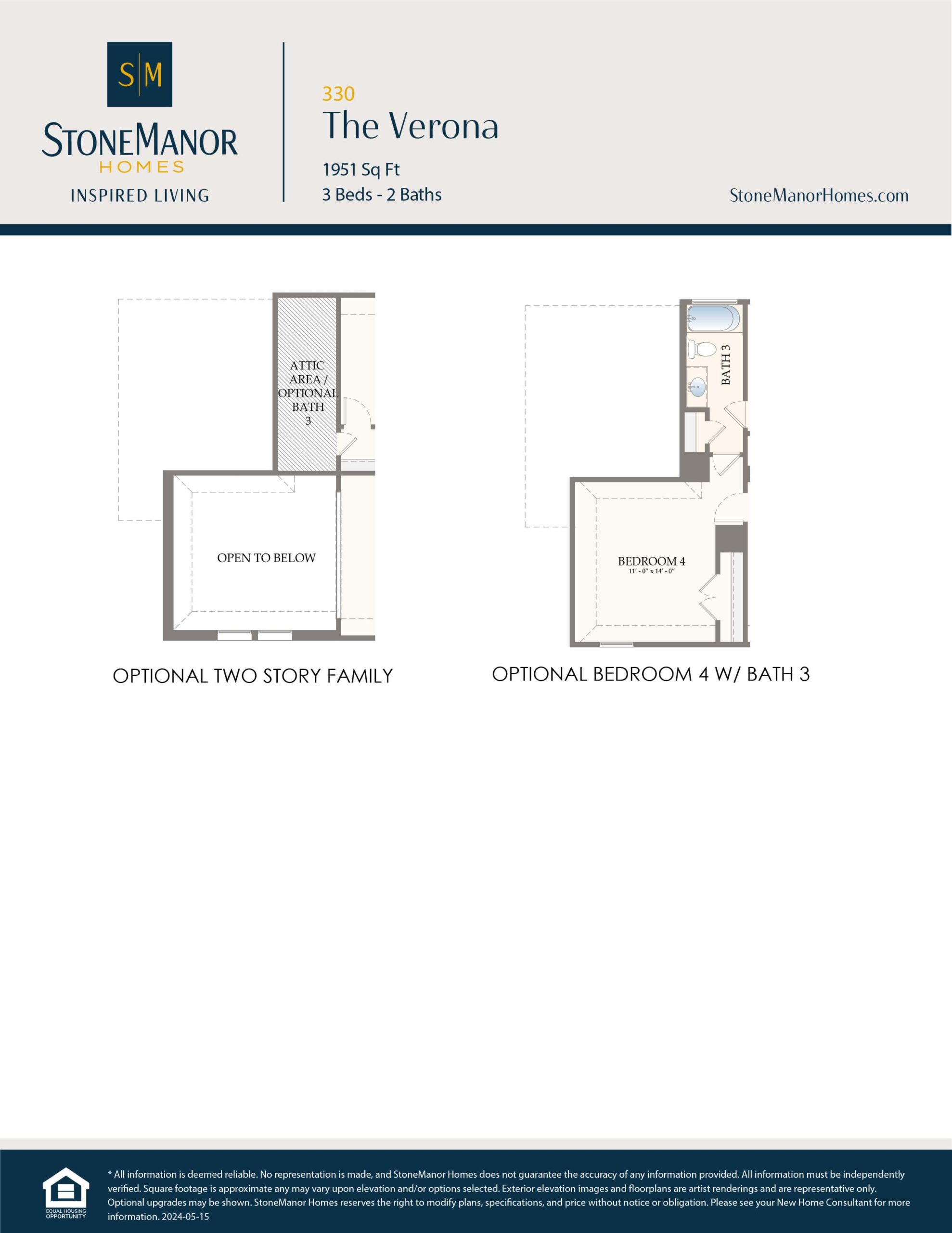 Floor plan options for The Verona home by StoneManor Homes, showing layouts for an optional two-story family room with attic and bath, and an optional fourth bedroom with a third bathroom.