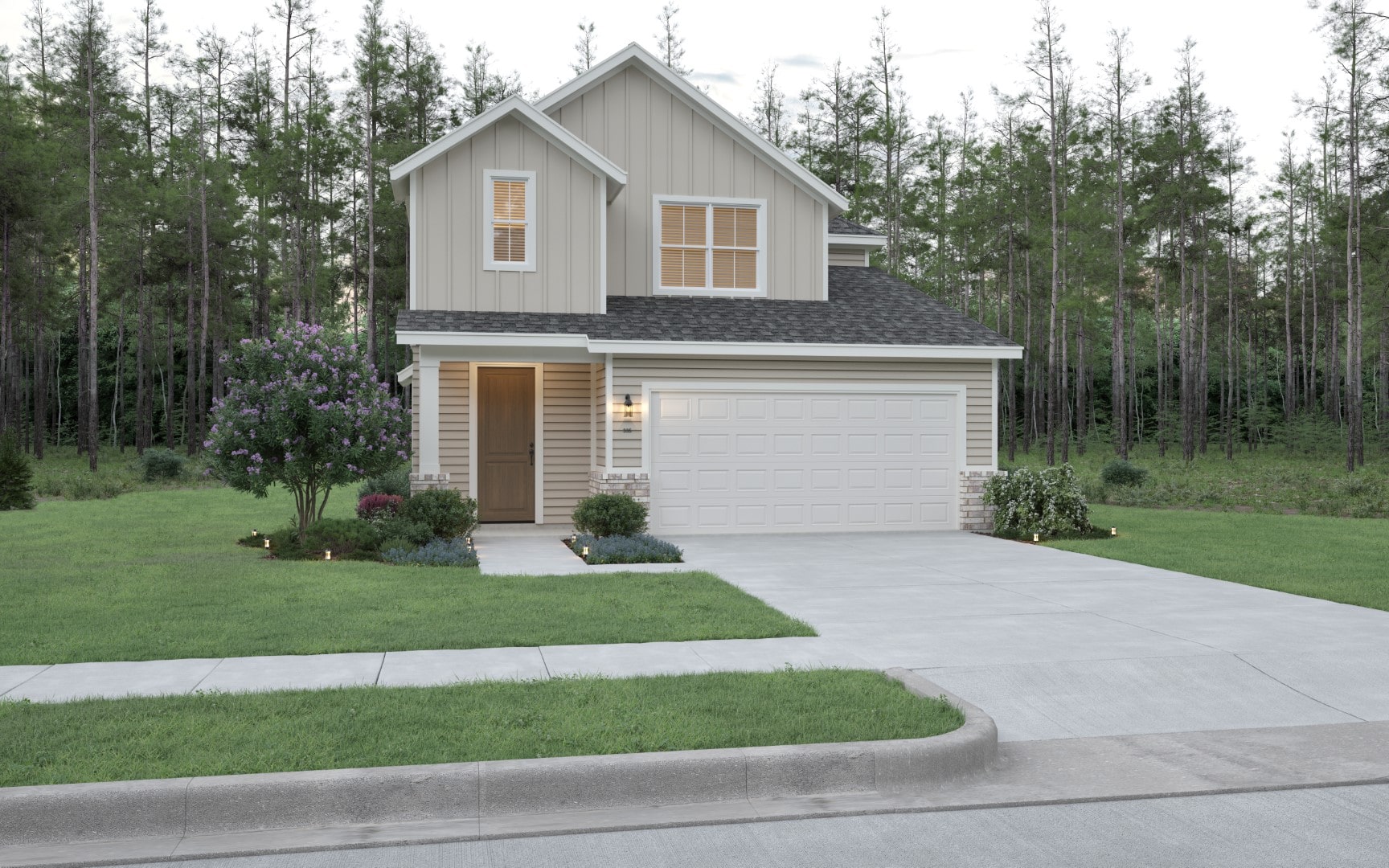 A modern two-story house with beige siding, a two-car garage, and a well-maintained green lawn. A small tree and shrubs are planted in the front yard, with a forest of tall trees in the background.