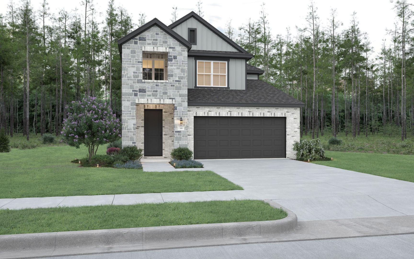 Modern two-story house with a stone exterior, dark garage door, and well-kept lawn. Surrounded by trees and greenery, the home features a front porch, driveway, and landscaping with shrubs and a small tree.