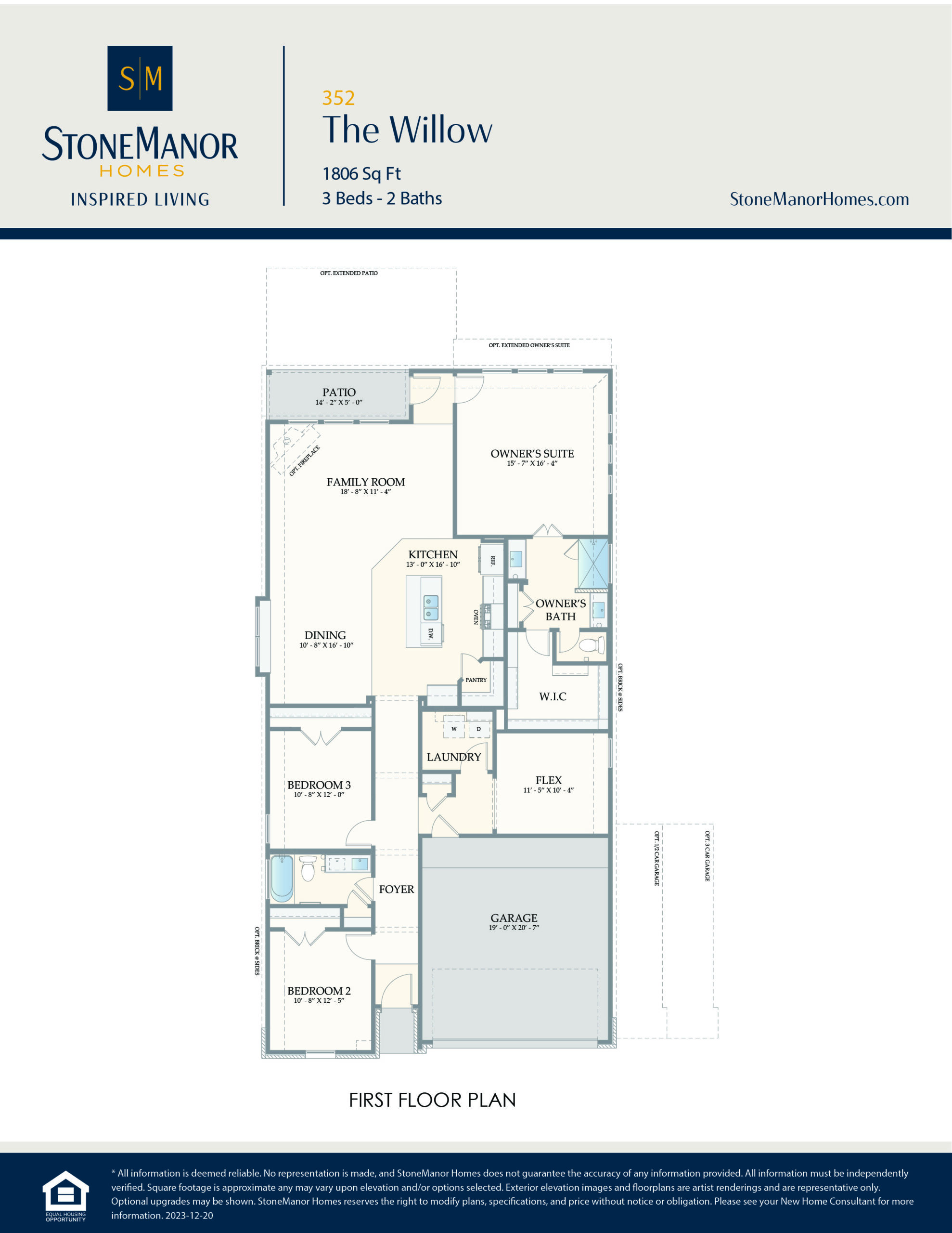 A floor plan for The Willow by StoneManor Homes, showing a 3-bedroom, 2-bath layout with a family room, dining area, kitchen, patio, garage, owners suite with bath and walk-in closet, and laundry room.