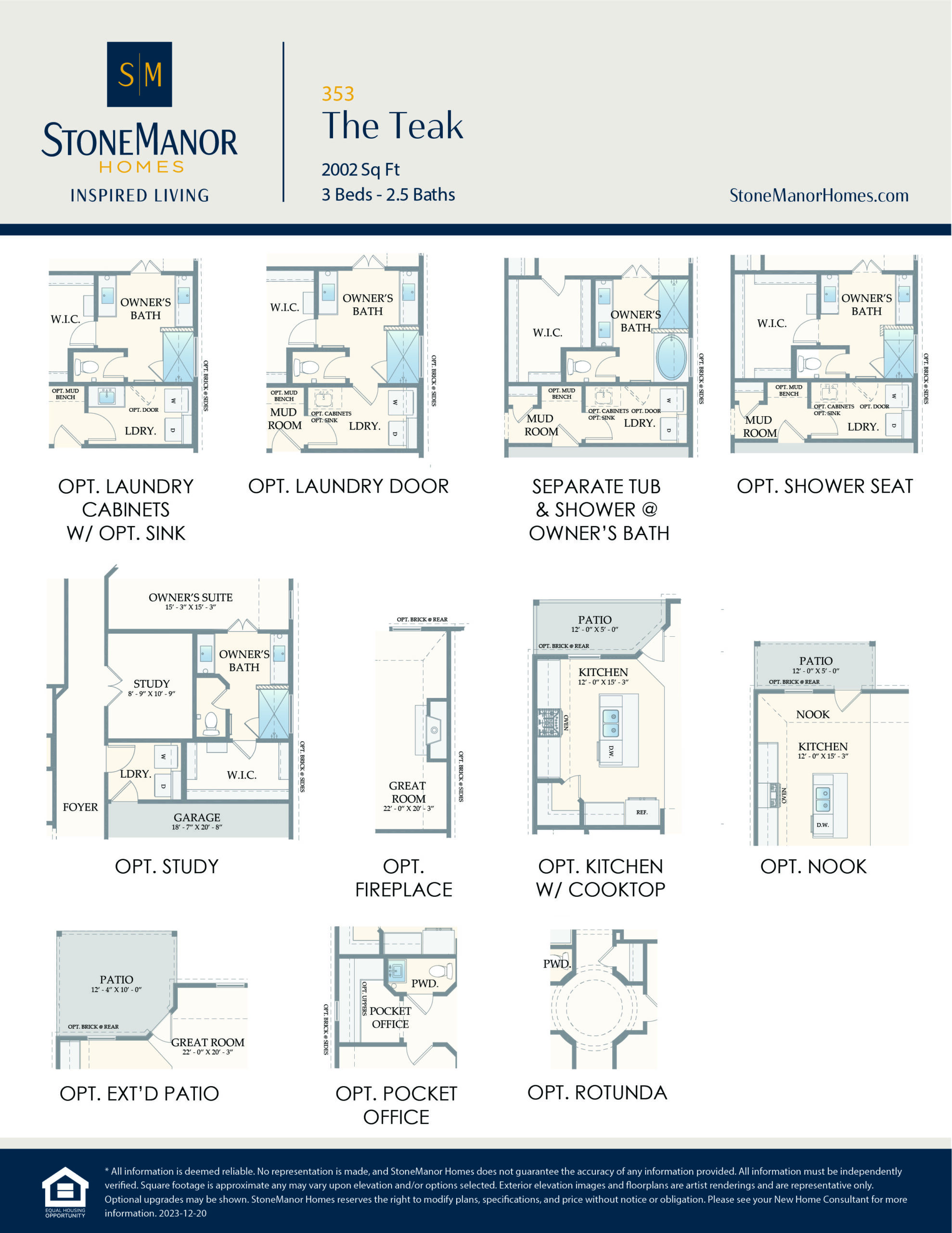 A floor plan options sheet for The Teak home by StoneManor Homes, showing various optional layouts including laundry, bathrooms, showers, kitchen, nook, patio, pocket office, and rotunda.