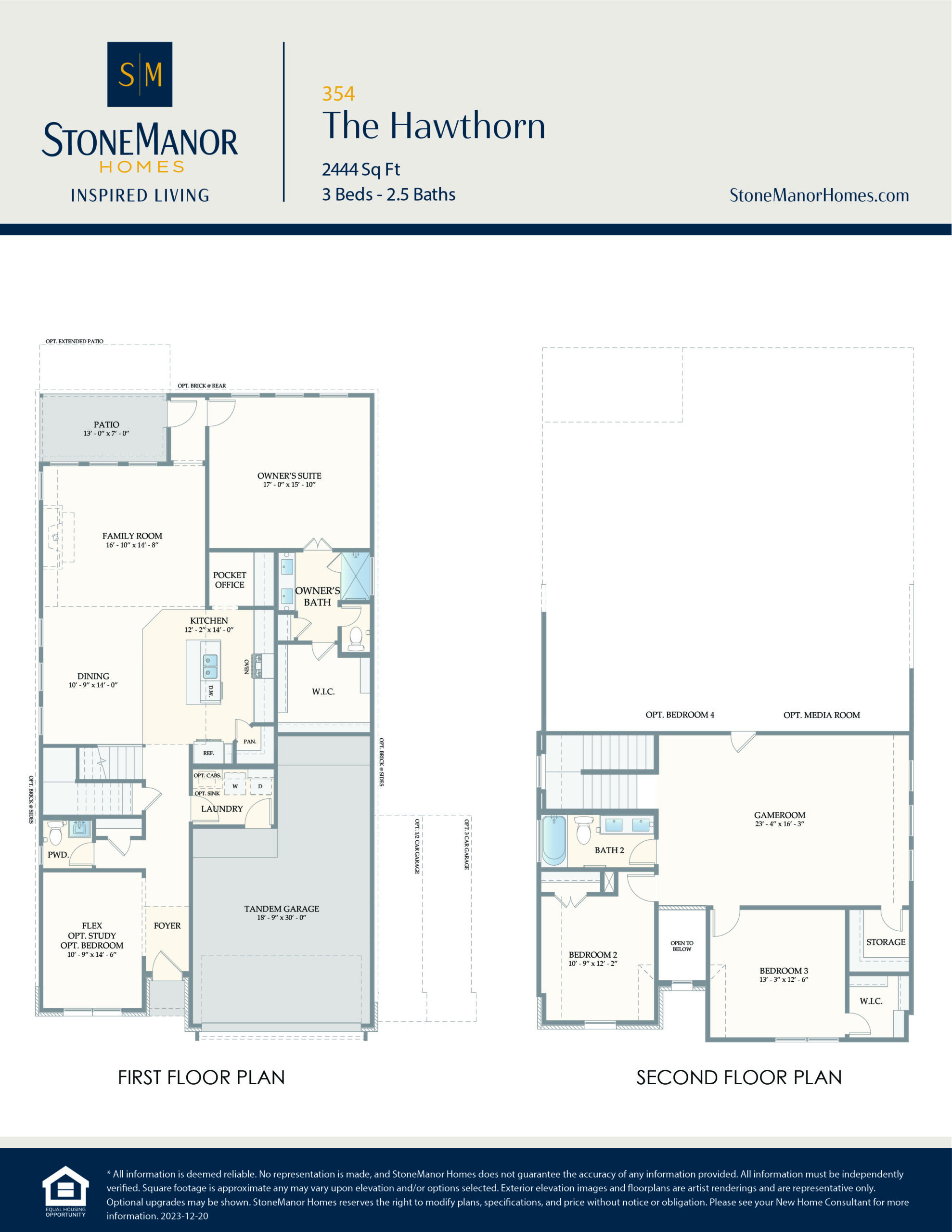 Two-story house floor plan labeled The Hawthorn with 3 bedrooms and 2.5 baths. First floor shows kitchen, pantry, dining, living, office, laundry, and patio. Second floor has bedrooms, bathrooms, and a game or media room.