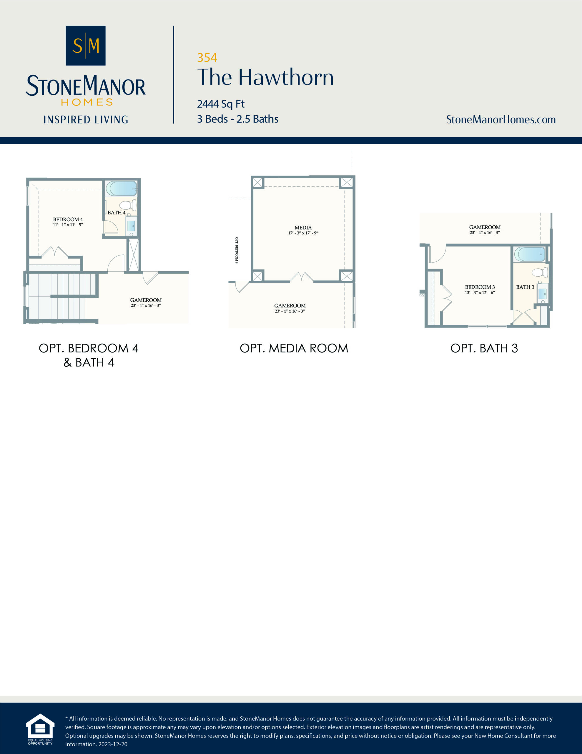 Floor plan options for The Hawthorn home: optional fourth bedroom with bath, optional media room, and optional third bathroom. Each option is shown with labeled room dimensions and layout.