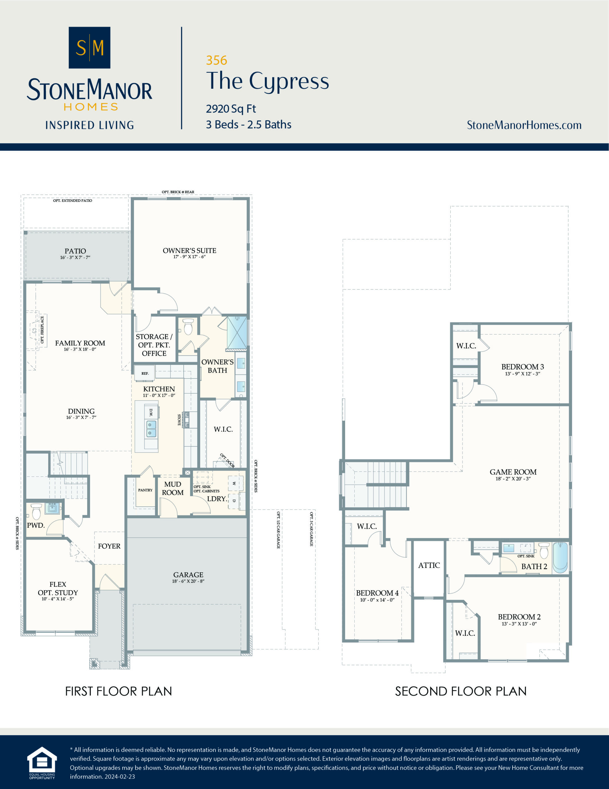 Floor plan for a two-story home called The Cypress by StoneManor Homes, showing three bedrooms, 2.5 baths, a family room, kitchen, dining area, game room, and garage on two labeled, detailed layouts.