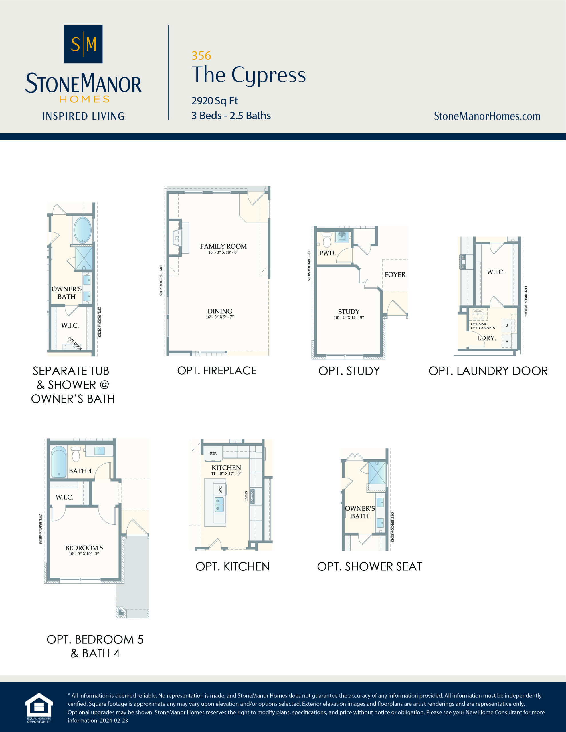 An architectural floor plan showing optional features for The Cypress home, including a fireplace, study, laundry door, separate tub and shower, extra bedroom and bath, kitchen layout, and shower seat.
