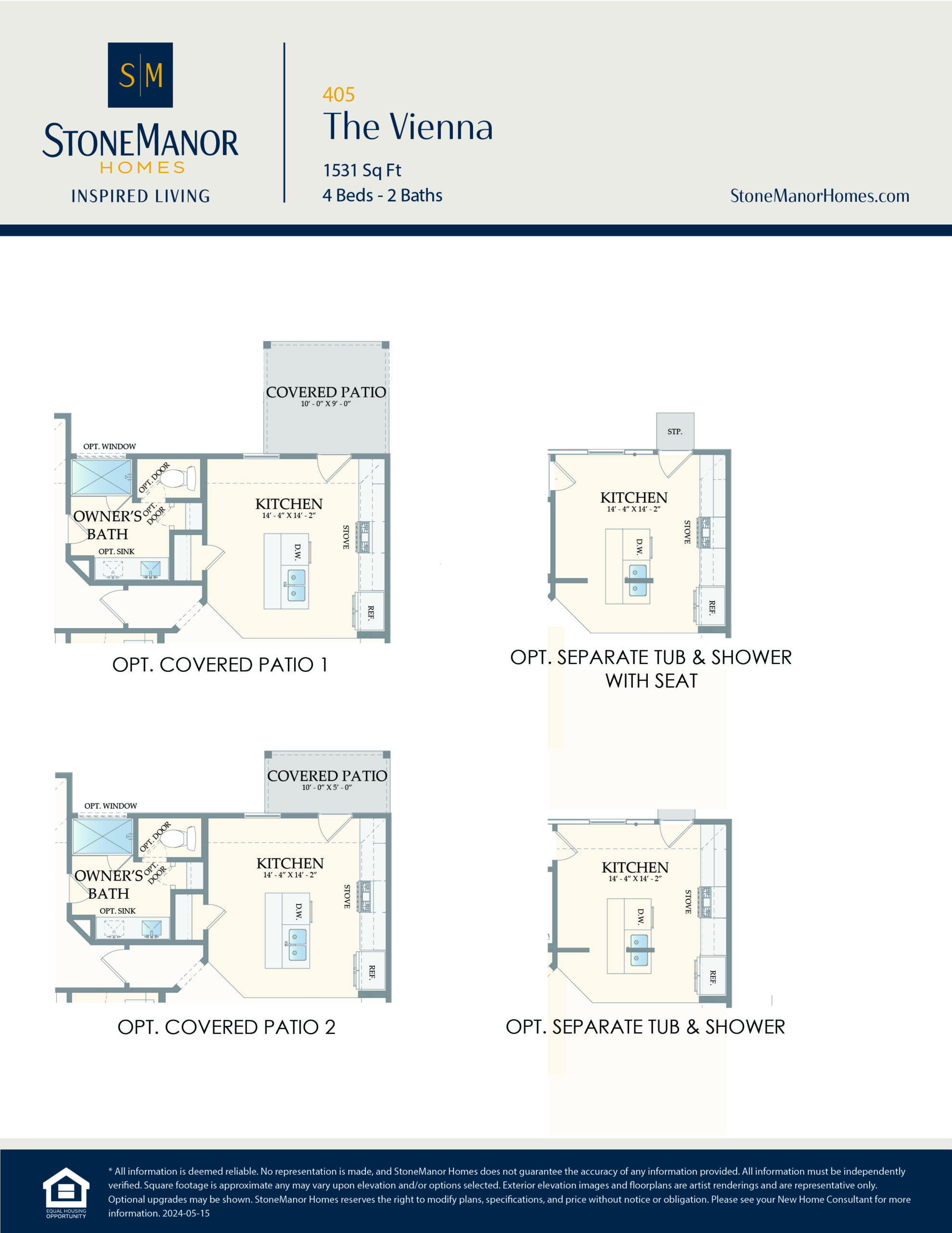 Floor plan for StoneManor Homes The Vienna, 1531 sq ft, 4 beds, 2 baths, showing options for two covered patios or separate tub and shower in the owner’s bath. Logo and contact info included.