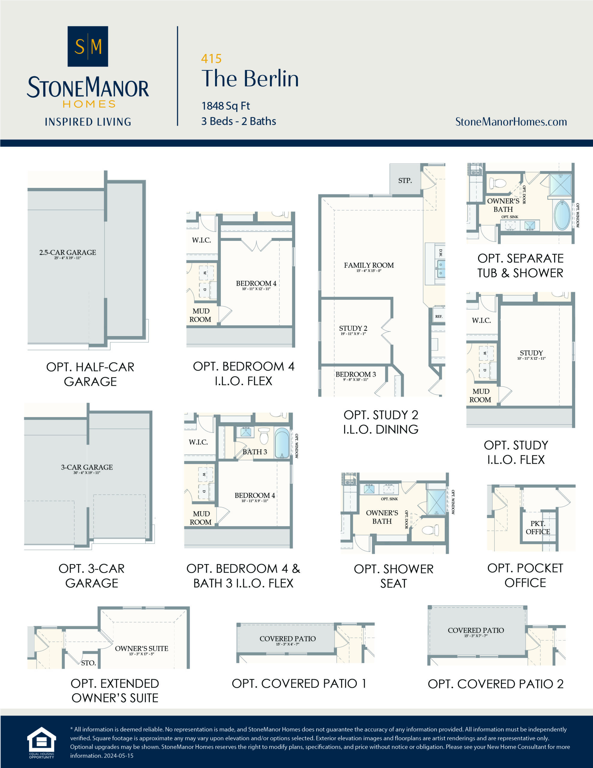 Floor plan options for The Berlin home, showing layouts including optional garages, bedrooms, studies, owner’s suites, patios, showers, and a pocket office. Each area is labeled with measurements and features.