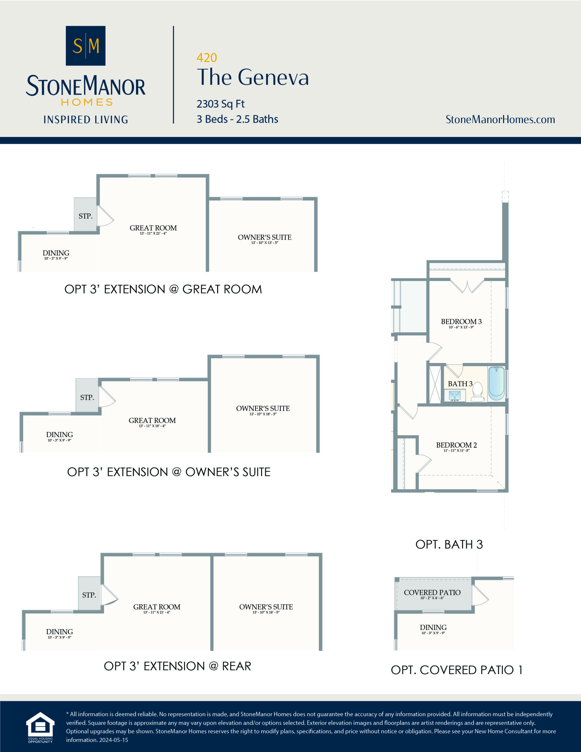 Floor plan options for a home called The Geneva with 3 bedrooms, 2.5 baths, and 2303 sq ft; includes diagrams for room extensions, bathroom option, and covered patio layout.