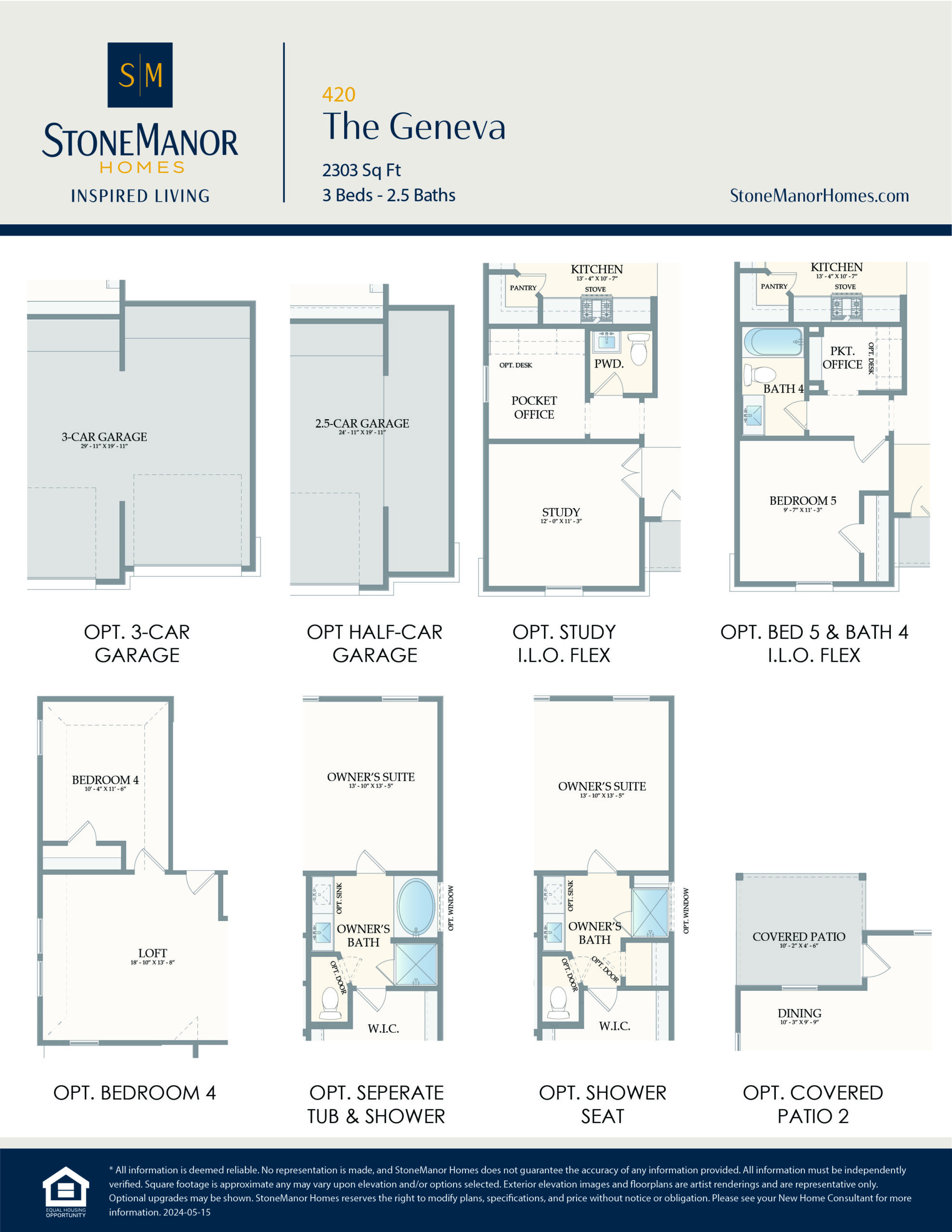 A floor plan options sheet for The Geneva home by StoneManor Homes, showing various layout modifications such as garage sizes, study, extra bedroom, bathroom layouts, and a covered patio.