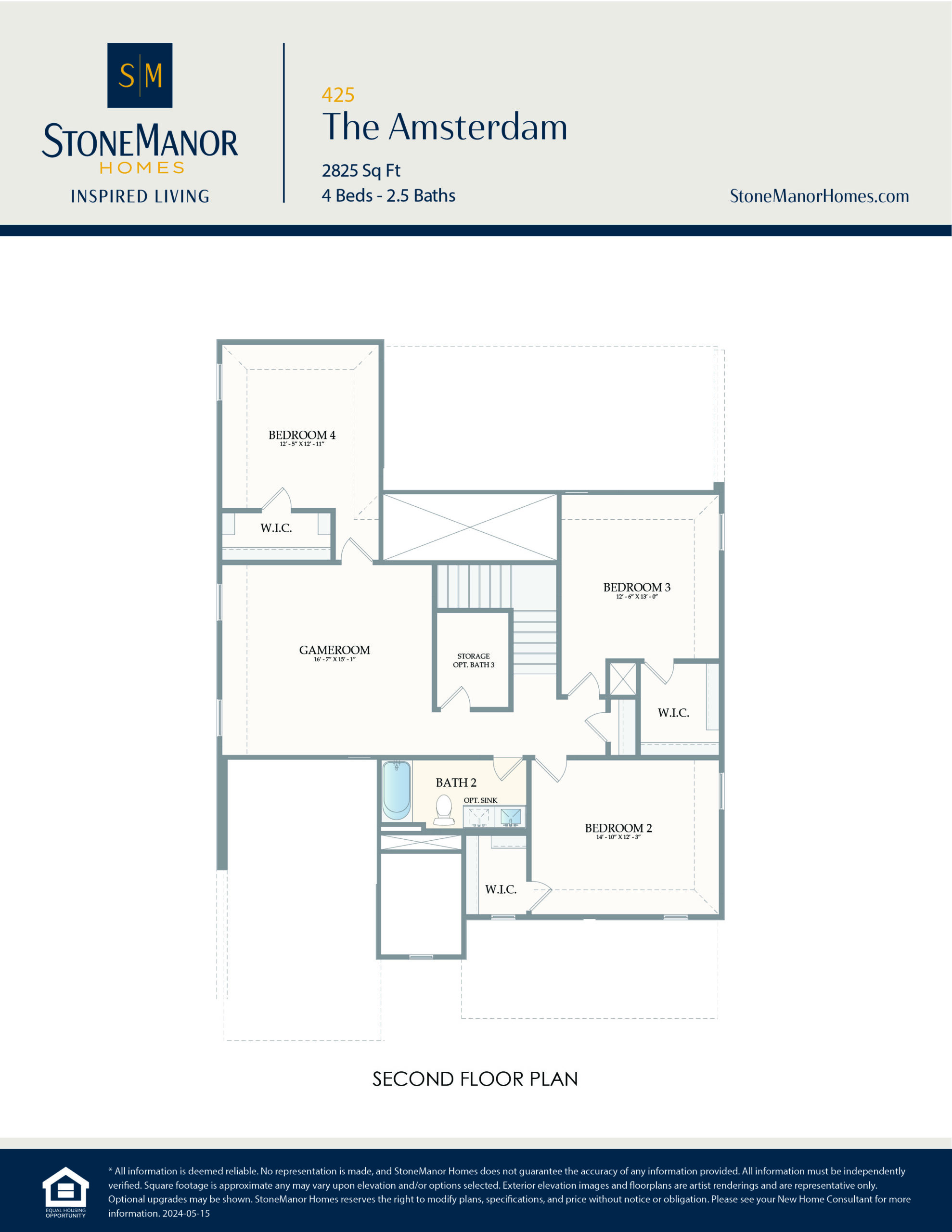 Floor plan layout for The Amsterdam home’s second floor, showing four bedrooms, three walk-in closets, a game room, and a bathroom. The Stone Manor Homes logo and details are at the top.
