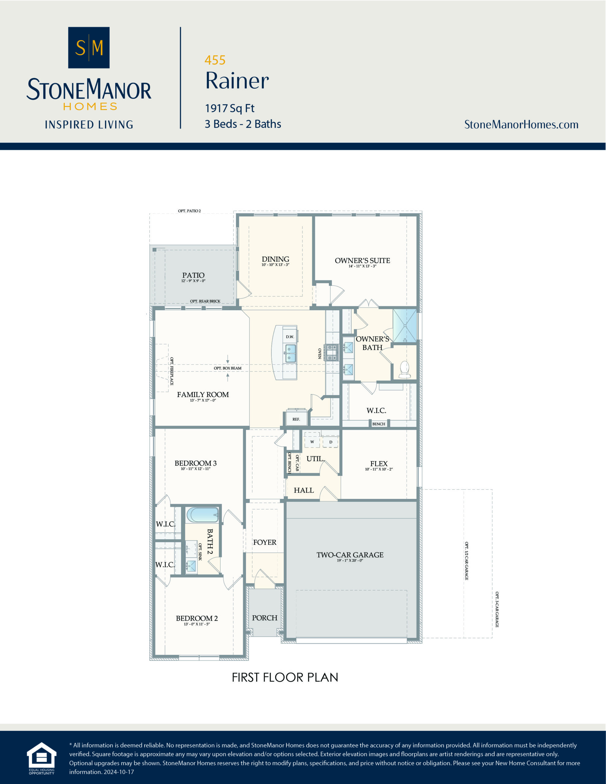 A detailed first-floor plan for a 3-bedroom, 2-bath home named Rainer by StoneManor Homes, showing labeled rooms, garage, family room, kitchen, and baths with measurements.