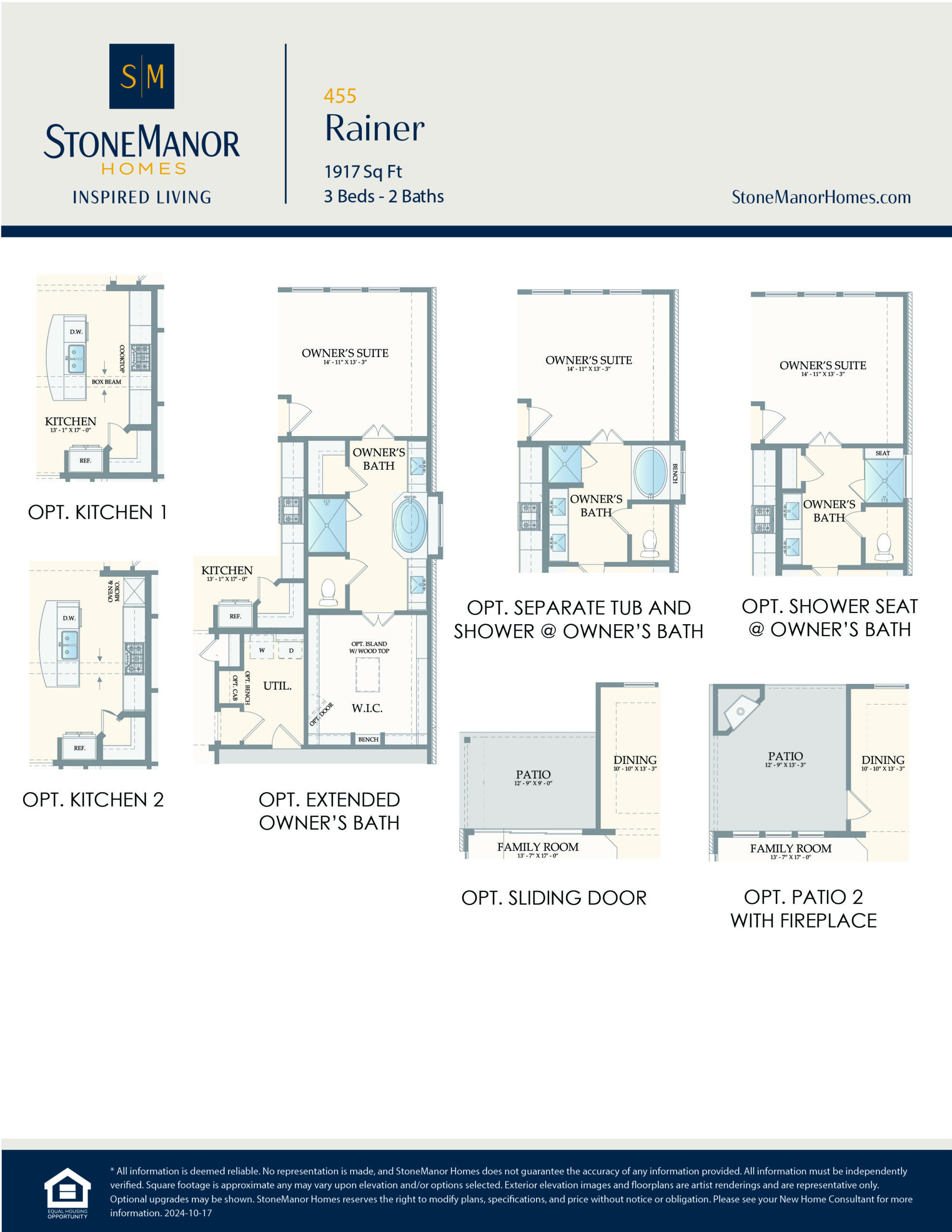 A floor plan for StoneManor Homes Rainer model, showing 3 bedrooms, 2 baths, and 6 optional layouts, including kitchen, bath, sliding door, and patios. The plans are labeled and displayed in a grid layout.