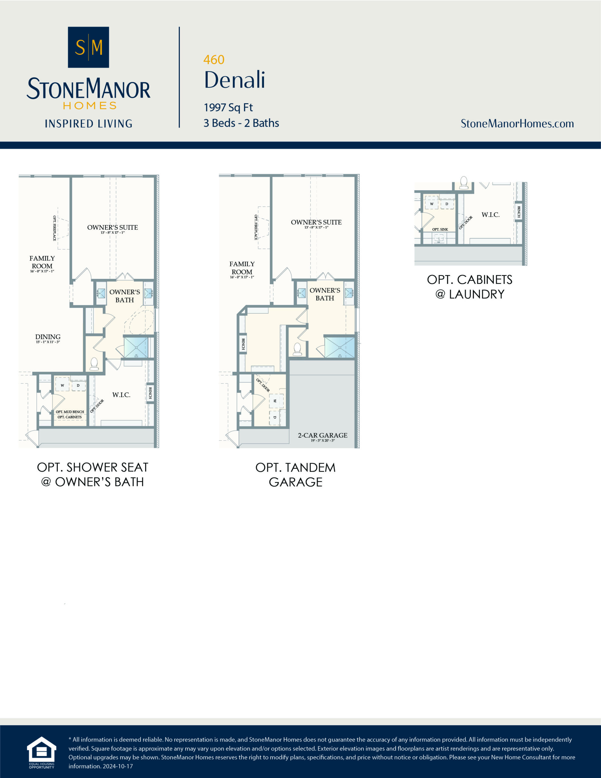 Floor plan for StoneManor Homes Denali model: 1,997 sq ft, 3 beds, 2 baths. Includes options for a shower seat in owners bath, tandem garage, and cabinets in laundry. Layouts for both floors are displayed.