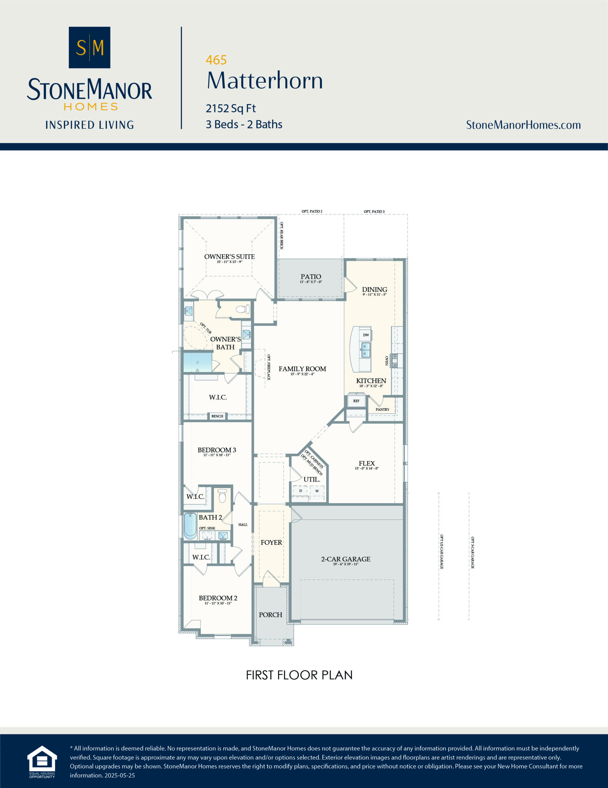 First floor plan for the 465 Matterhorn home by StoneManor Homes: 3 bedrooms, 2 baths, family room, kitchen, dining area, laundry, covered patio, porch, 2-car garage, pantry, and multiple closets.