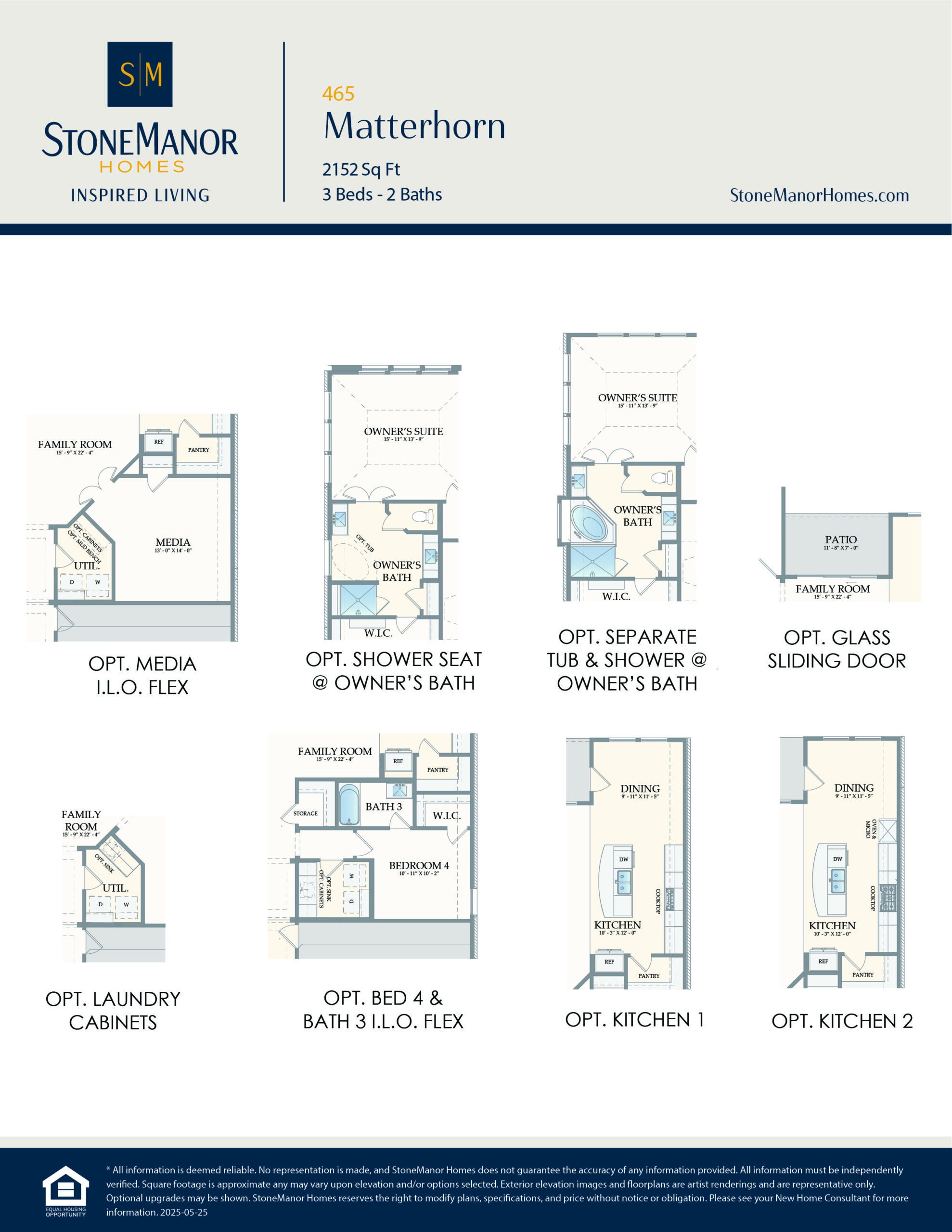 A floor plan layout for Stone Manor Homes, model 465 Matterhorn. It shows options for media, shower seat, separate tub and shower, glass sliding door, laundry cabinets, extra bed and bath, and two kitchen designs.