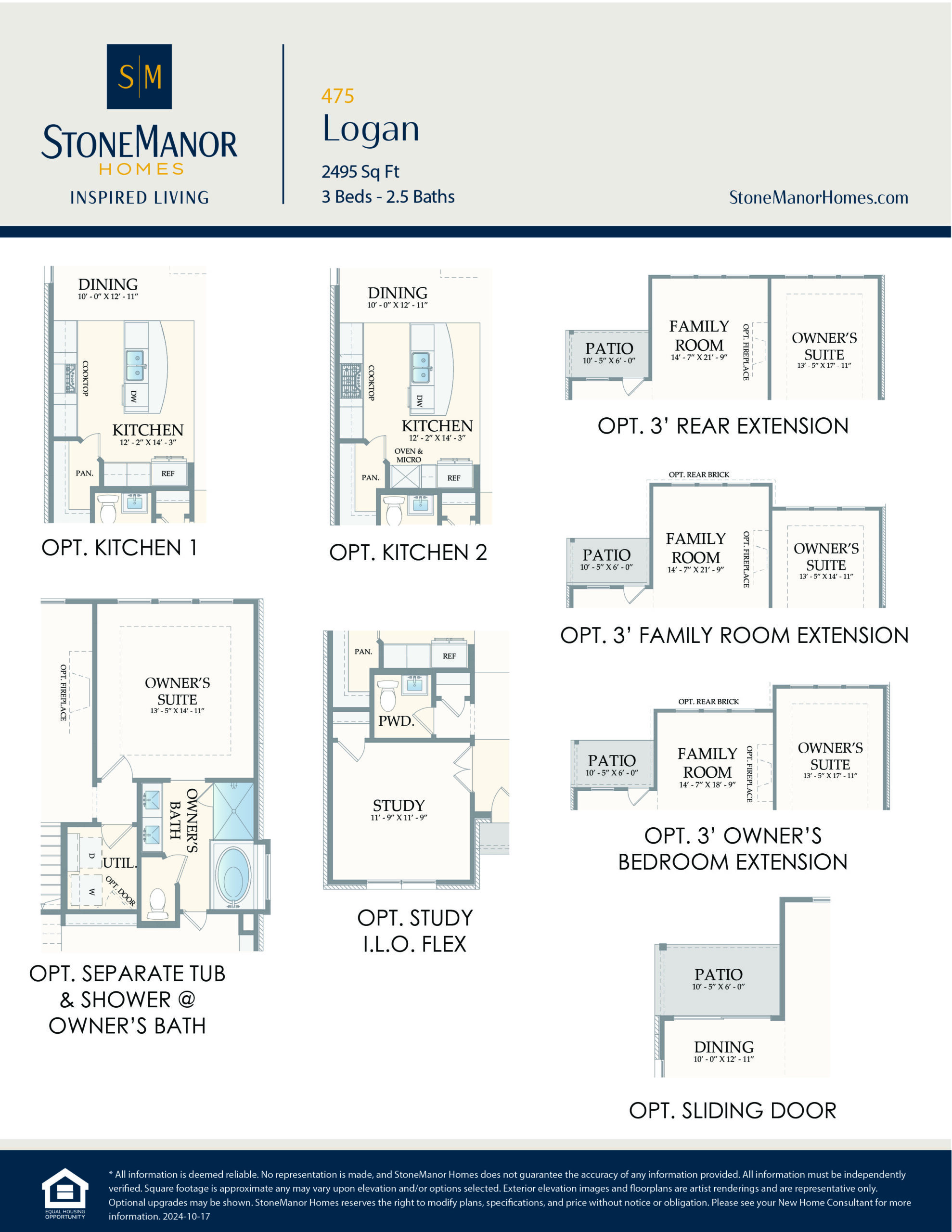 A floor plan options sheet for the Logan model by Stone Manor Homes, showing layouts for kitchens, patio, study, family room, owner’s suite, separate tub and shower, and sliding door placements.