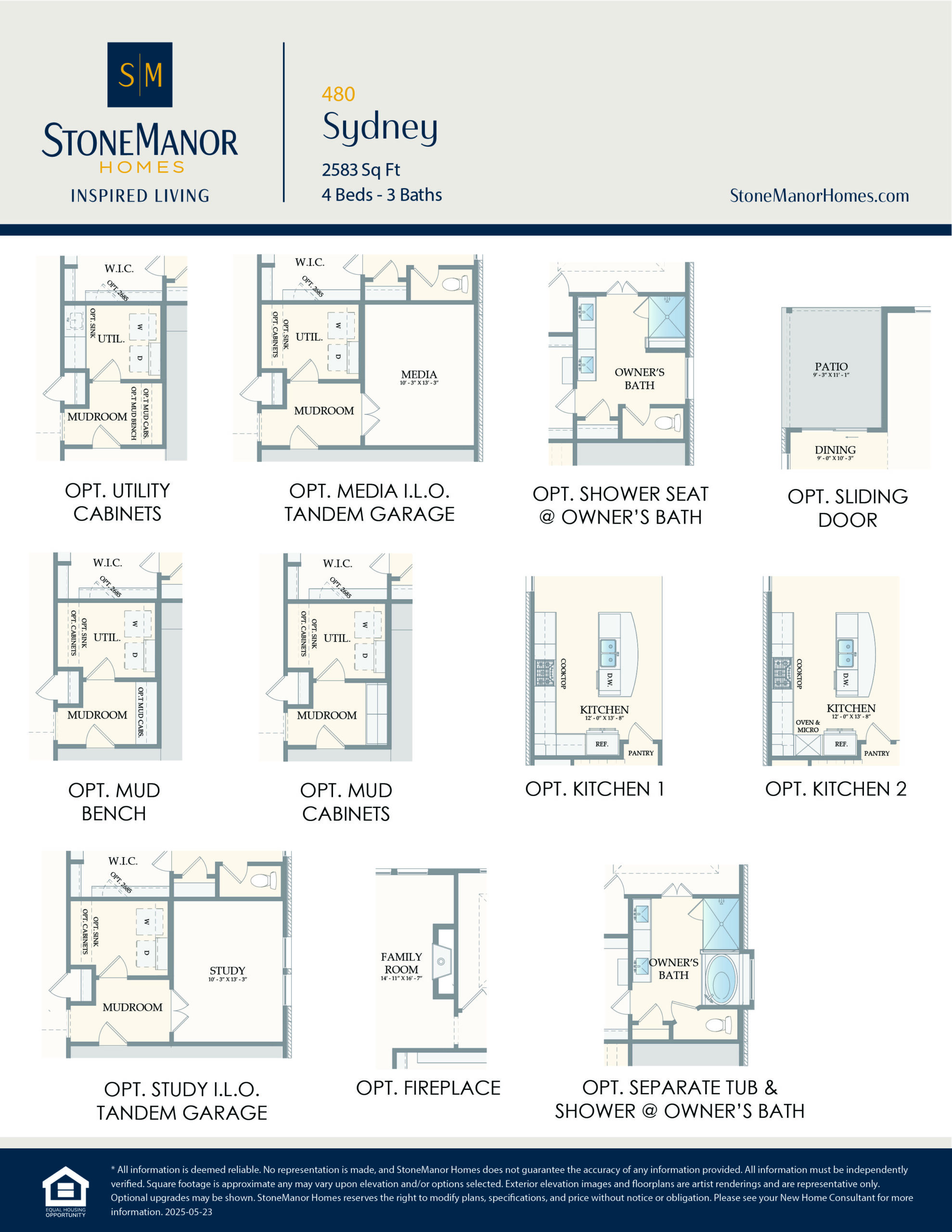 A grid of house floor plan options for the “Sydney” model by StoneManor Homes, showing layouts for utility cabinets, media room, showers, kitchens, mudrooms, study, fireplace, and bathrooms.