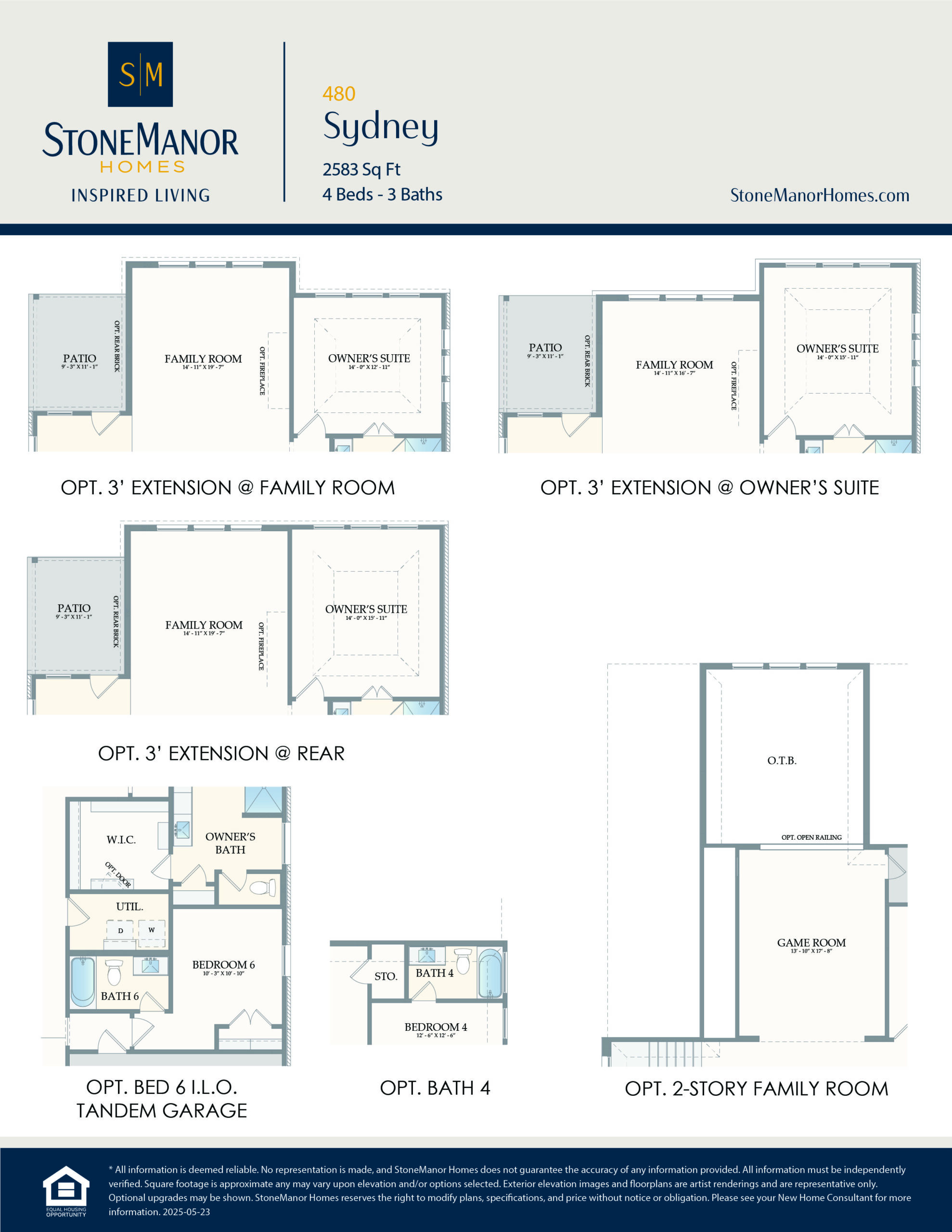 Floor plan options for a home, including extensions to the family room, owner’s suite, and rear, an optional tandem garage, a fourth bathroom, and a two-story family room. Stone Manor Homes logo and website are at the top.