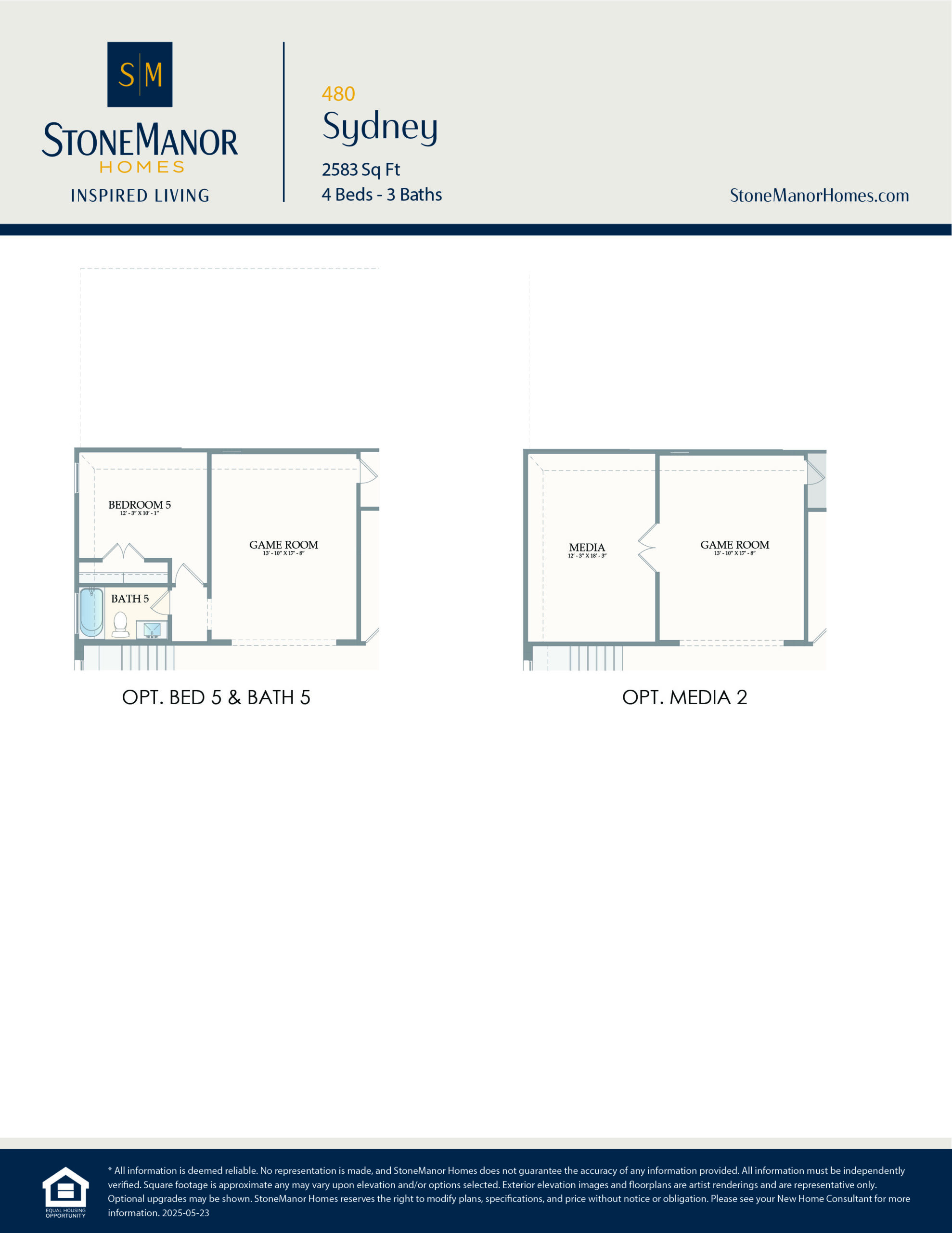 A floor plan showing two layout options for a Sydney home: one with an optional bedroom 5 and bathroom 5, and another with an optional media room, both adjacent to a game room.
