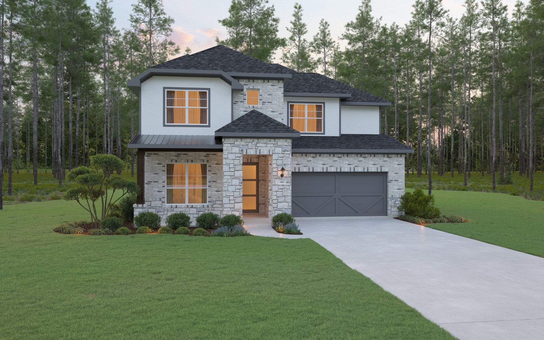 Two-story modern house with stone and white siding exterior, large windows, a double garage, and a well-kept lawn, set against a backdrop of tall pine trees.