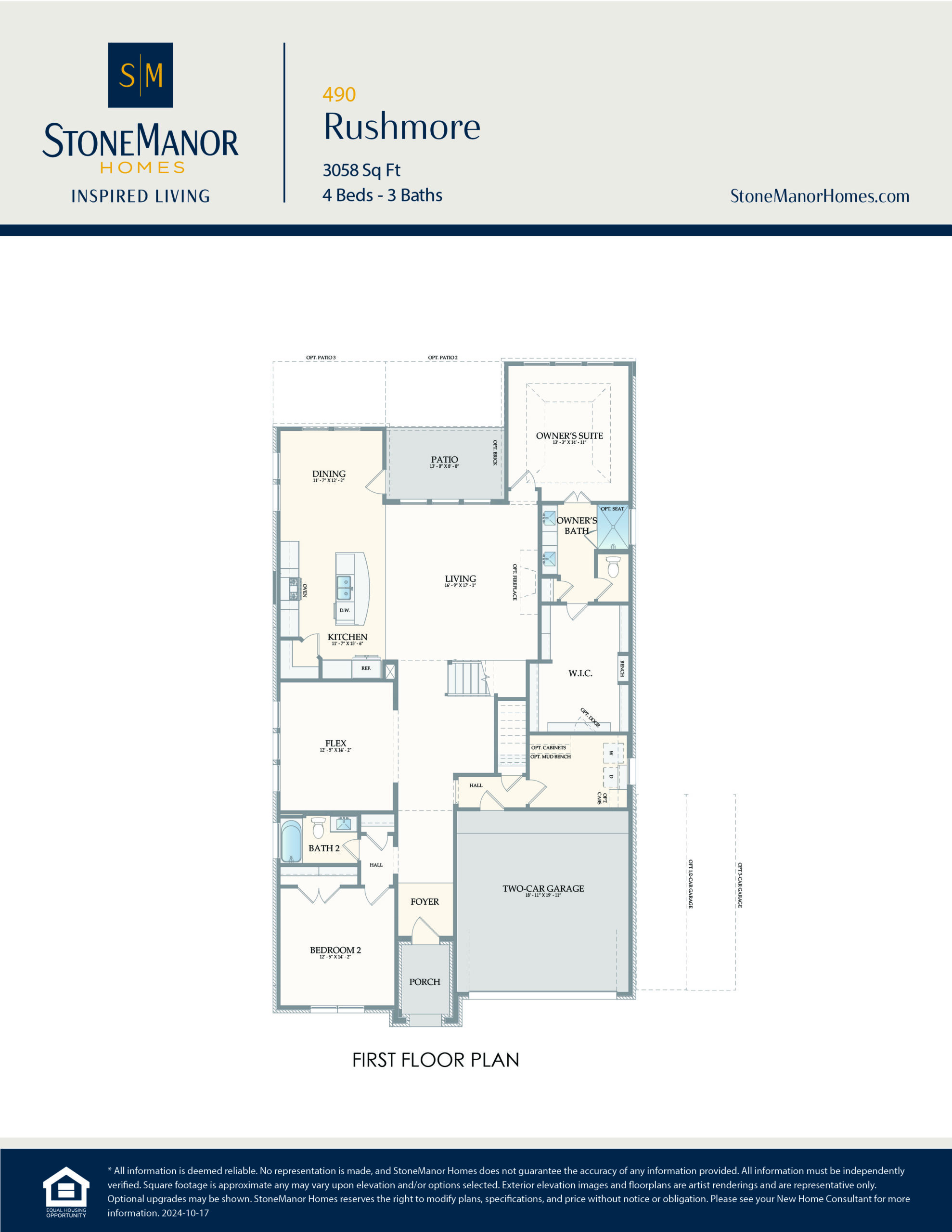 First floor plan of a house showing a garage, foyer, dining room, kitchen, great room, primary bedroom with ensuite, two bathrooms, three additional bedrooms, laundry room, and a covered patio. Stone Manor Homes branding at the top.