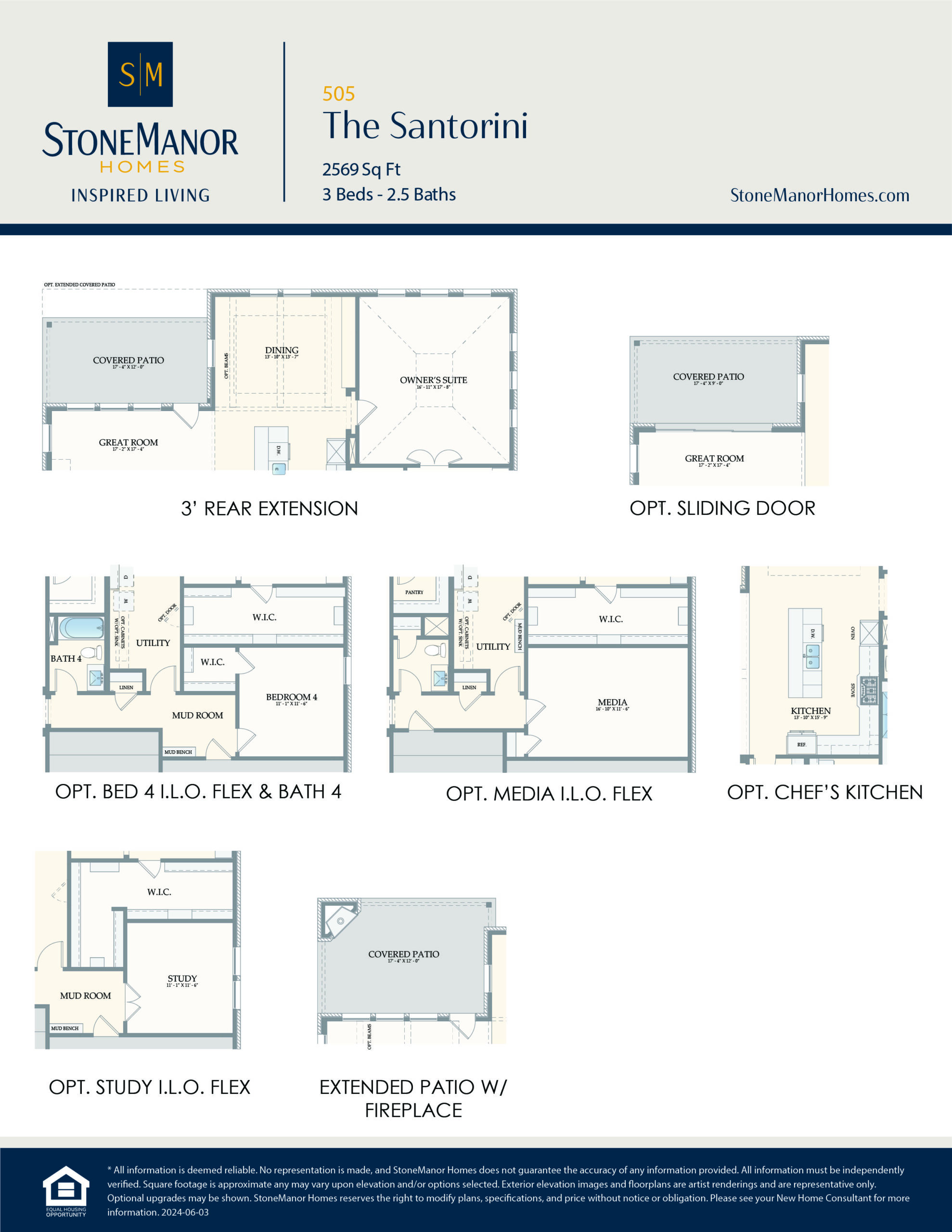 A floor plan options sheet for The Santorini home model, showing layouts for rear extension, sliding door, bedroom and bath, media room, chef’s kitchen, study, and patio with fireplace.