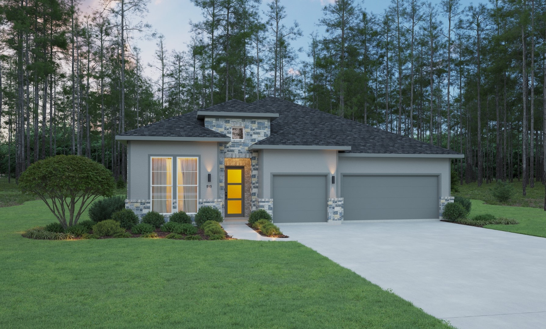 Modern single-story house with gray exterior, stone accents, a bright yellow front door, three-car garage, manicured lawn, shrubs, and surrounded by tall pine trees.