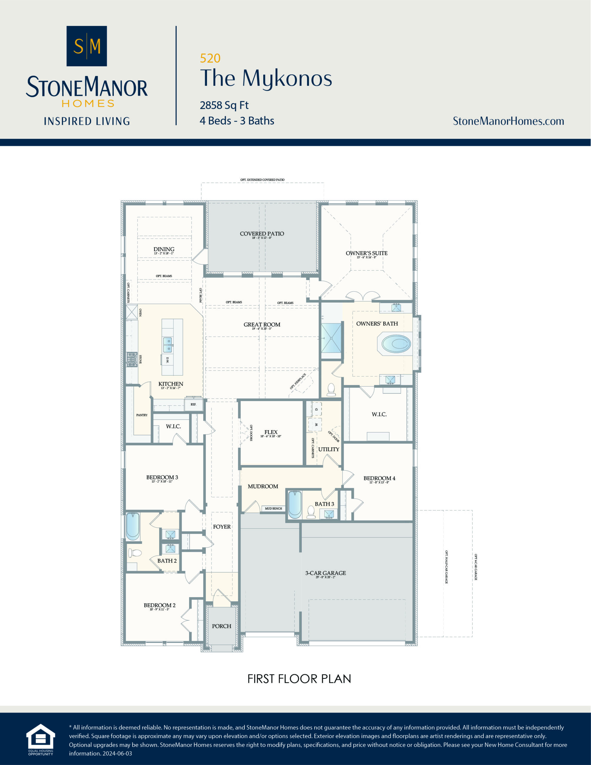 First floor plan for a 4-bedroom, 3-bath home labeled The Mykonos by Stone Manor Homes. The layout shows rooms such as bedrooms, bathrooms, kitchen, dining, garage, covered patio, laundry, and closets.