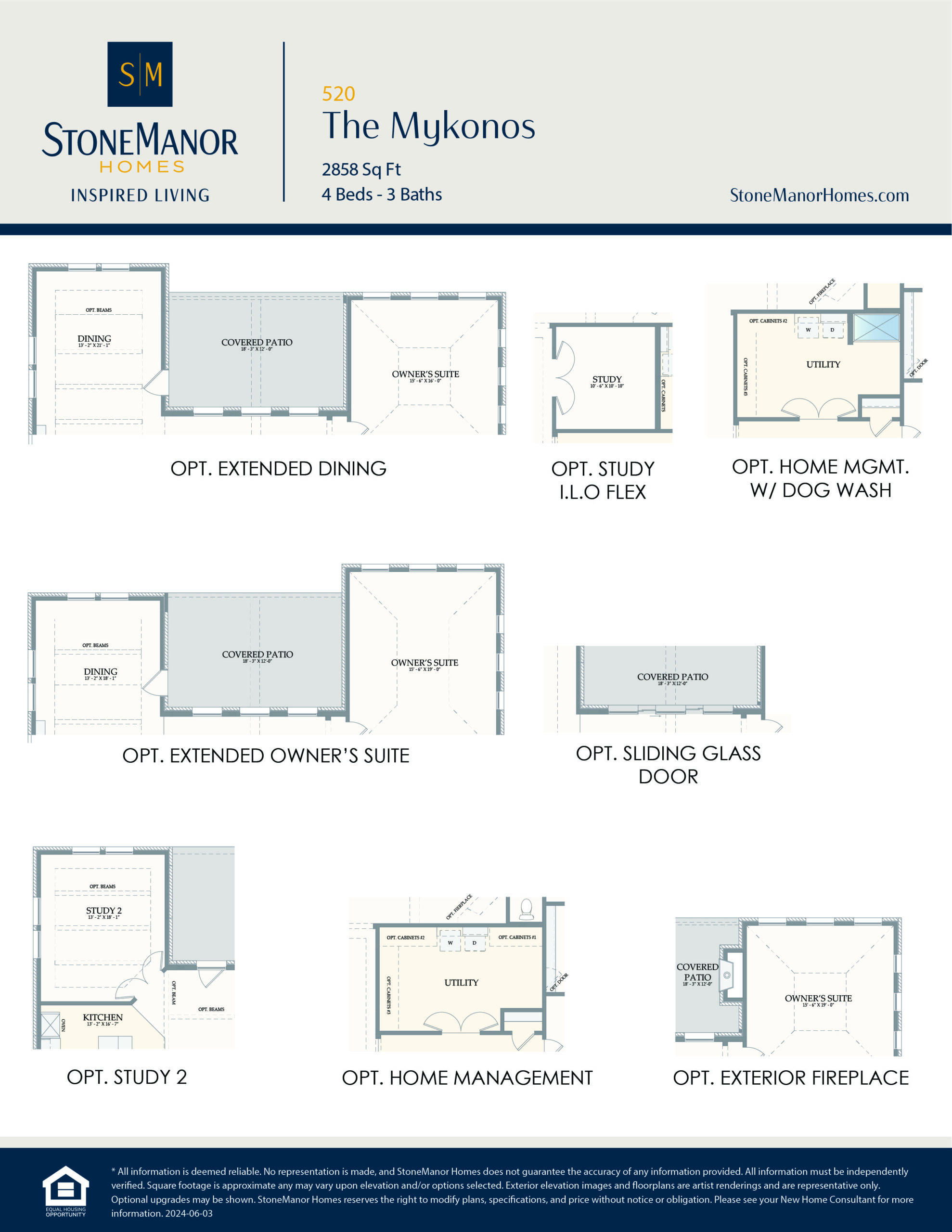 A floor plan options sheet for StoneManor Homes The Mykonos, showing various optional spaces: extended dining, study, home management with dog wash, owners suite, sliding glass door, exterior fireplace, and two studies.