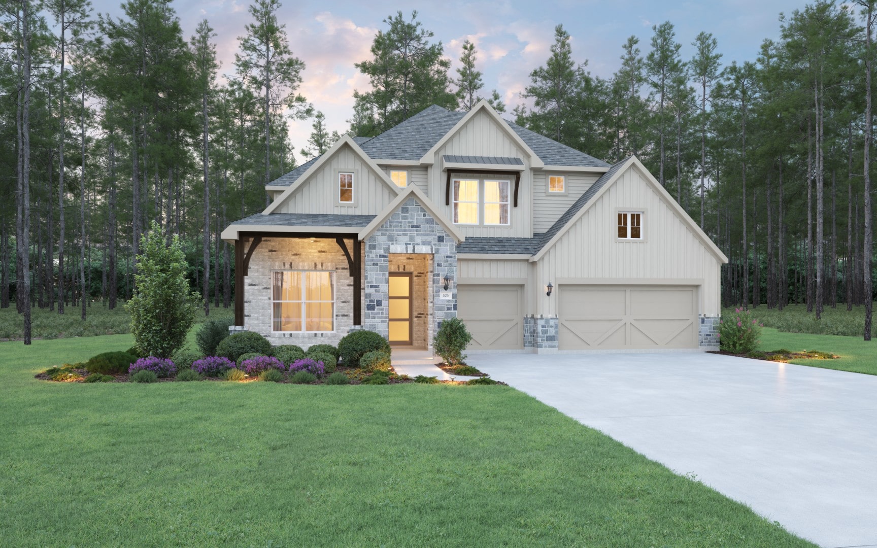 Modern two-story house with light-colored siding, stone accents, and a double garage, surrounded by a well-manicured lawn, flower beds, and tall trees in the background at sunset.