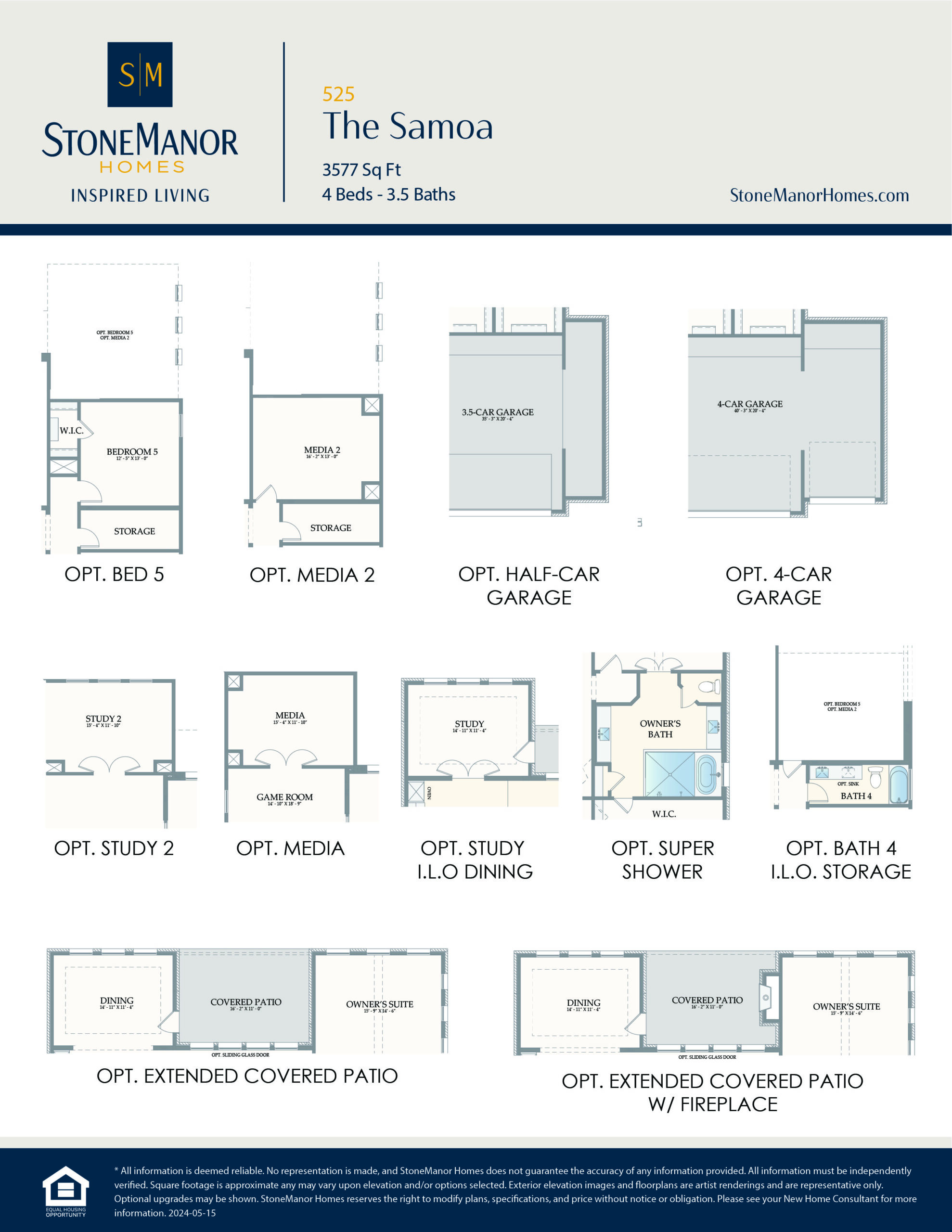 A layout sheet displays optional floor plans for The Samoa home, including extra bedrooms, media rooms, garage spaces, studies, patio options, super shower, storage, and a fireplace. StoneManor Homes branding is shown.