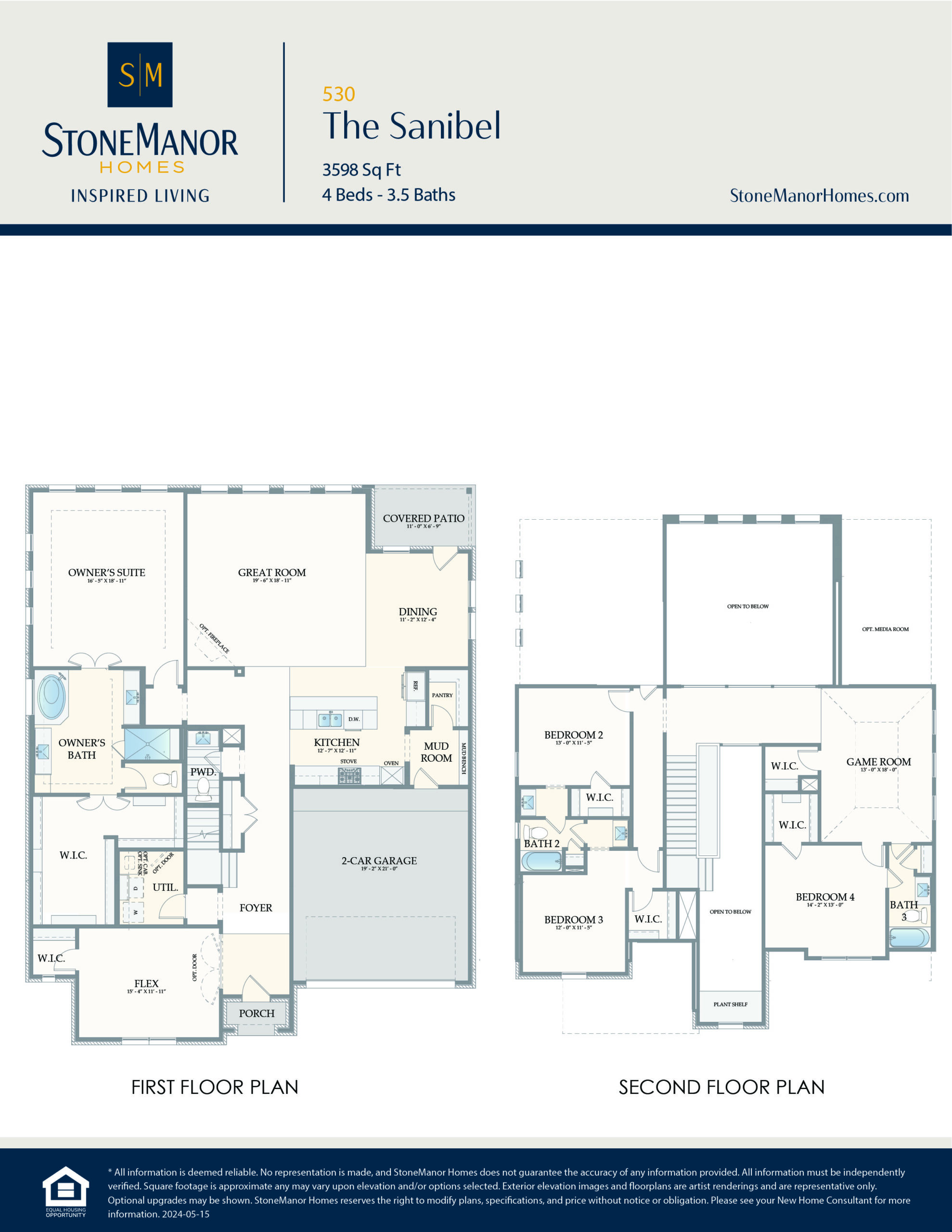 Floor plans for a two-story house labeled The Sanibel, showing detailed room layouts, including 4 bedrooms, 3.5 baths, living areas, kitchen, garage, and closets on the first and second floors.
