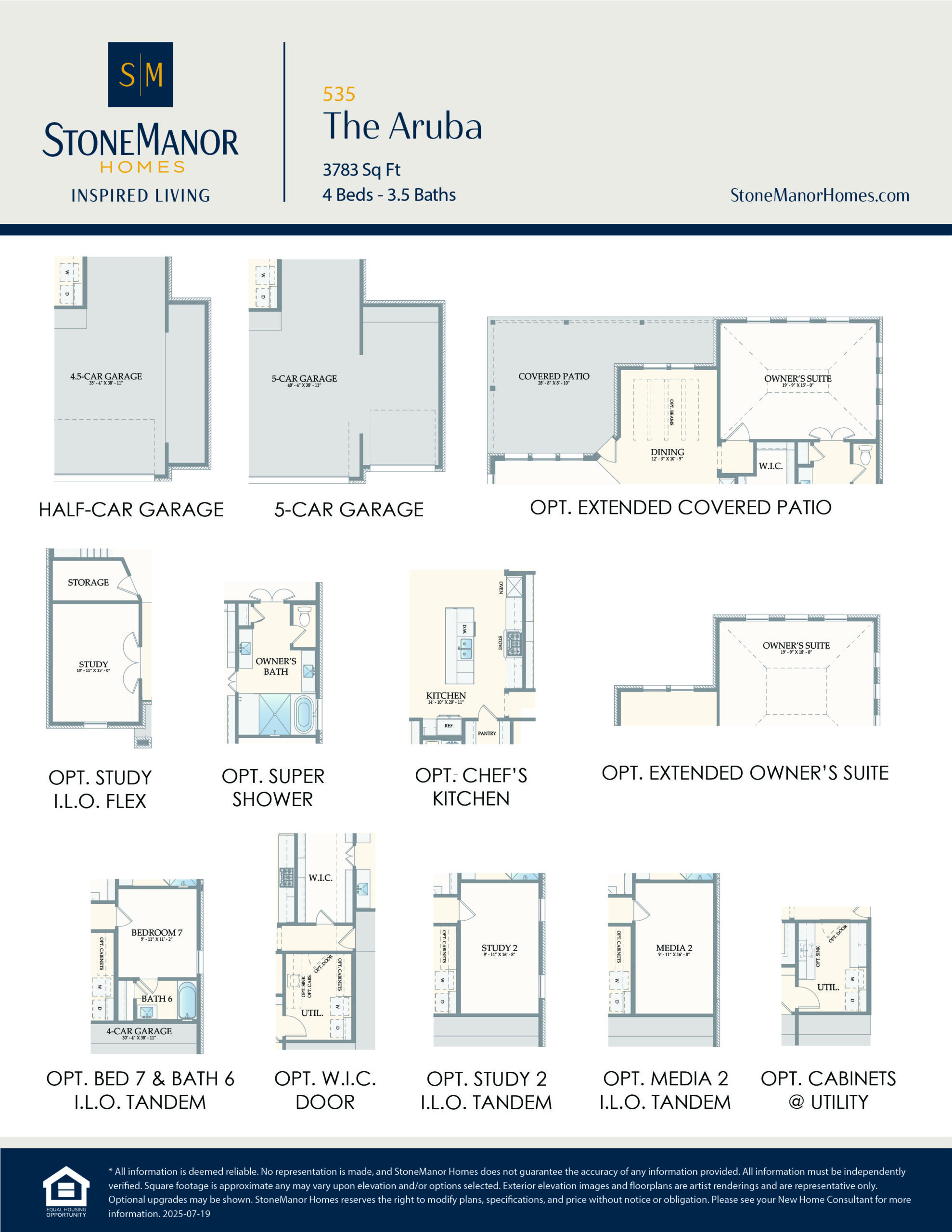 A floor plan options sheet for StoneManor Homes’ The Aruba model, showing various layouts for garages, patio, study, kitchen, owners suite, bedrooms, closet, and media rooms. Each option is labeled with a diagram.