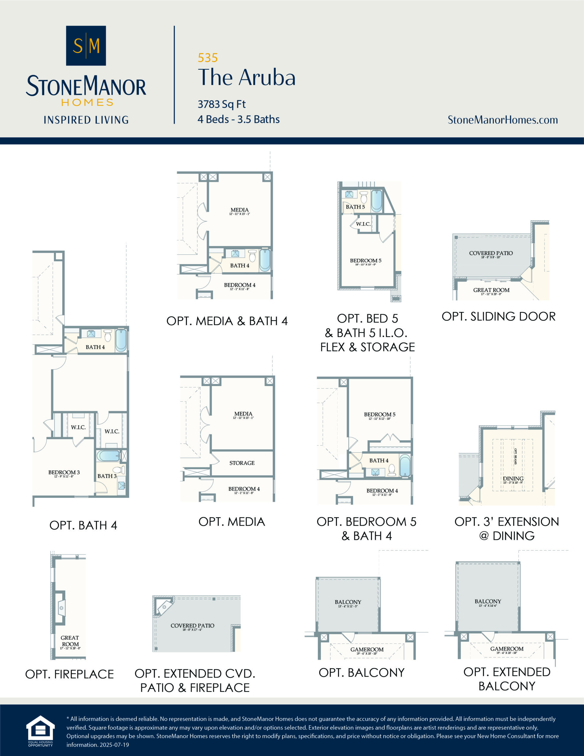 A floor plan options sheet for StoneManor Homes The Aruba, showing various optional layouts for rooms such as media, baths, bedrooms, sliding door, fireplace, patio, dining extension, and balcony configurations.
