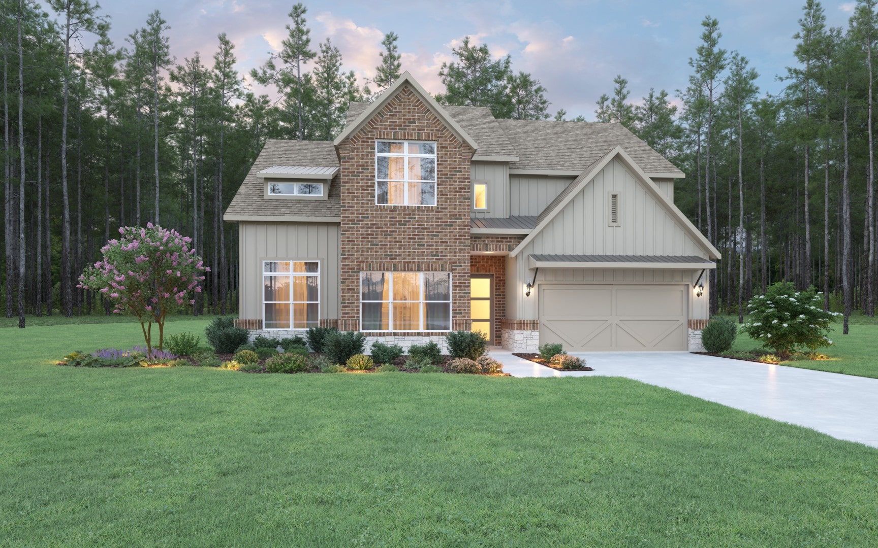 A two-story suburban house with a brick and siding exterior, large windows, and a double garage. The home is surrounded by a well-kept lawn, landscaped bushes, and trees, with a wooded area in the background.