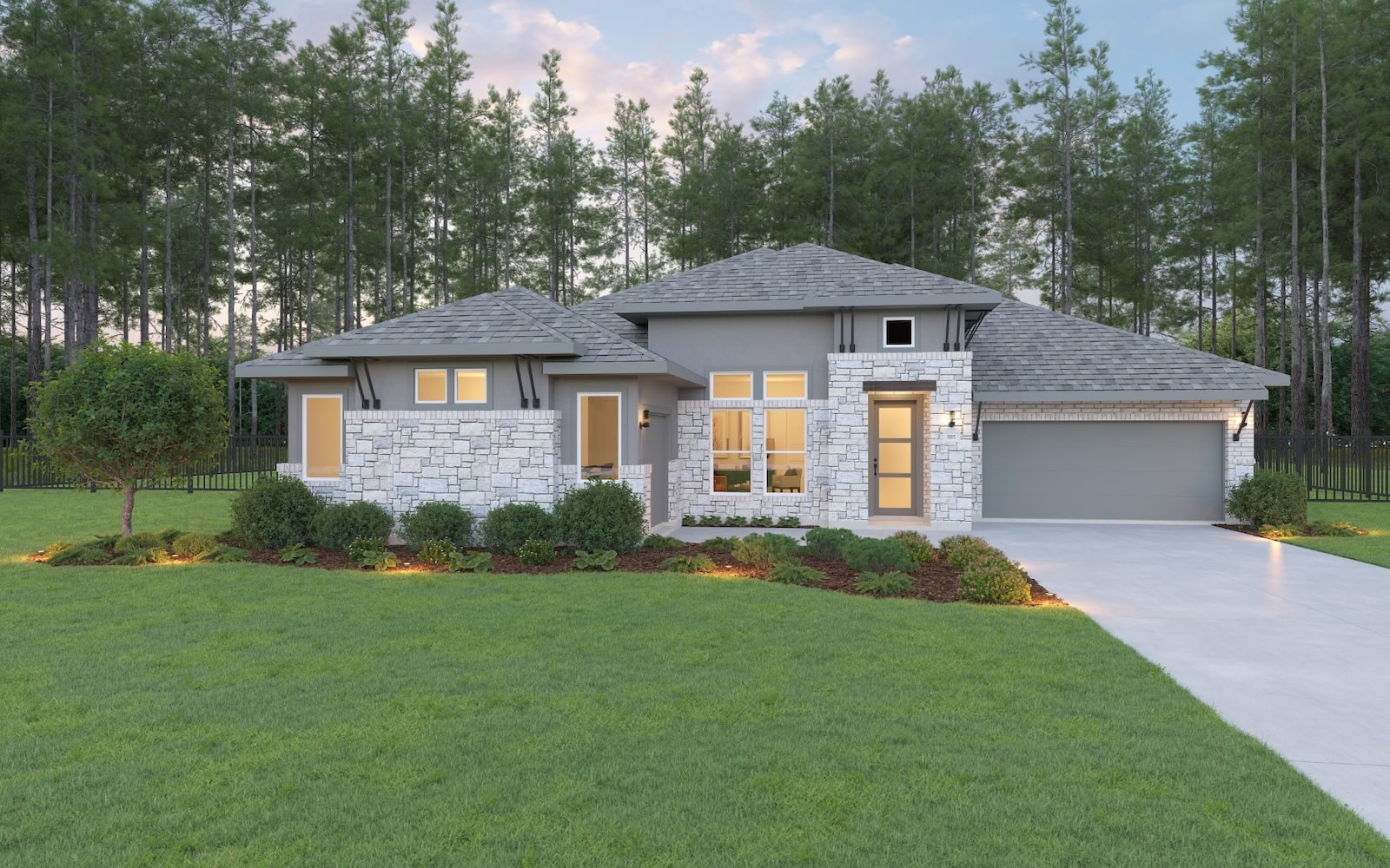 A modern single-story house with stone and gray siding, large windows, a neatly landscaped front yard, a two-car garage, and a backdrop of tall pine trees under a partly cloudy sky.