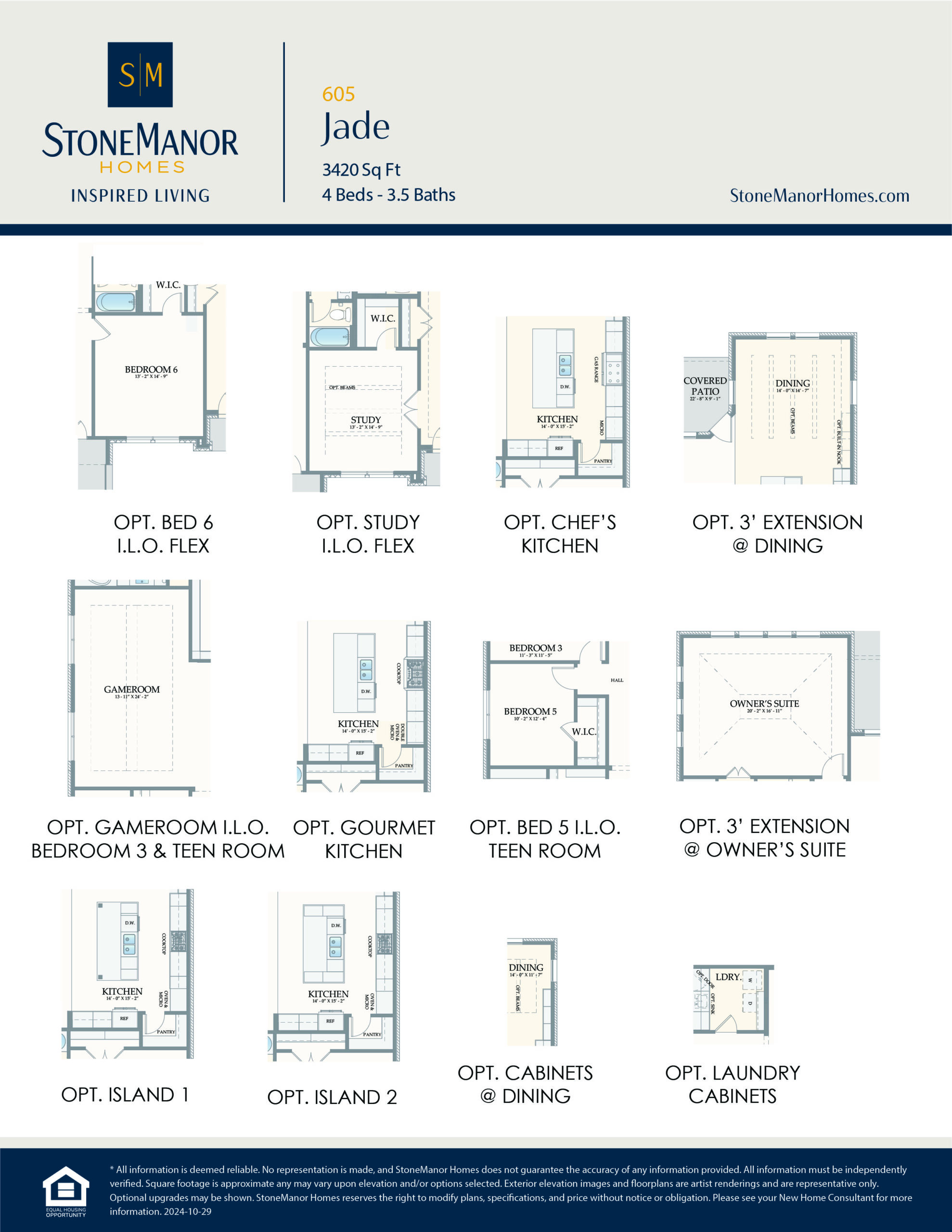 A floor plan options sheet for the Jade model by StoneManor Homes, showing various optional room layouts and additions for a 4-bed, 3.5-bath home, including extensions, kitchens, and storage options.