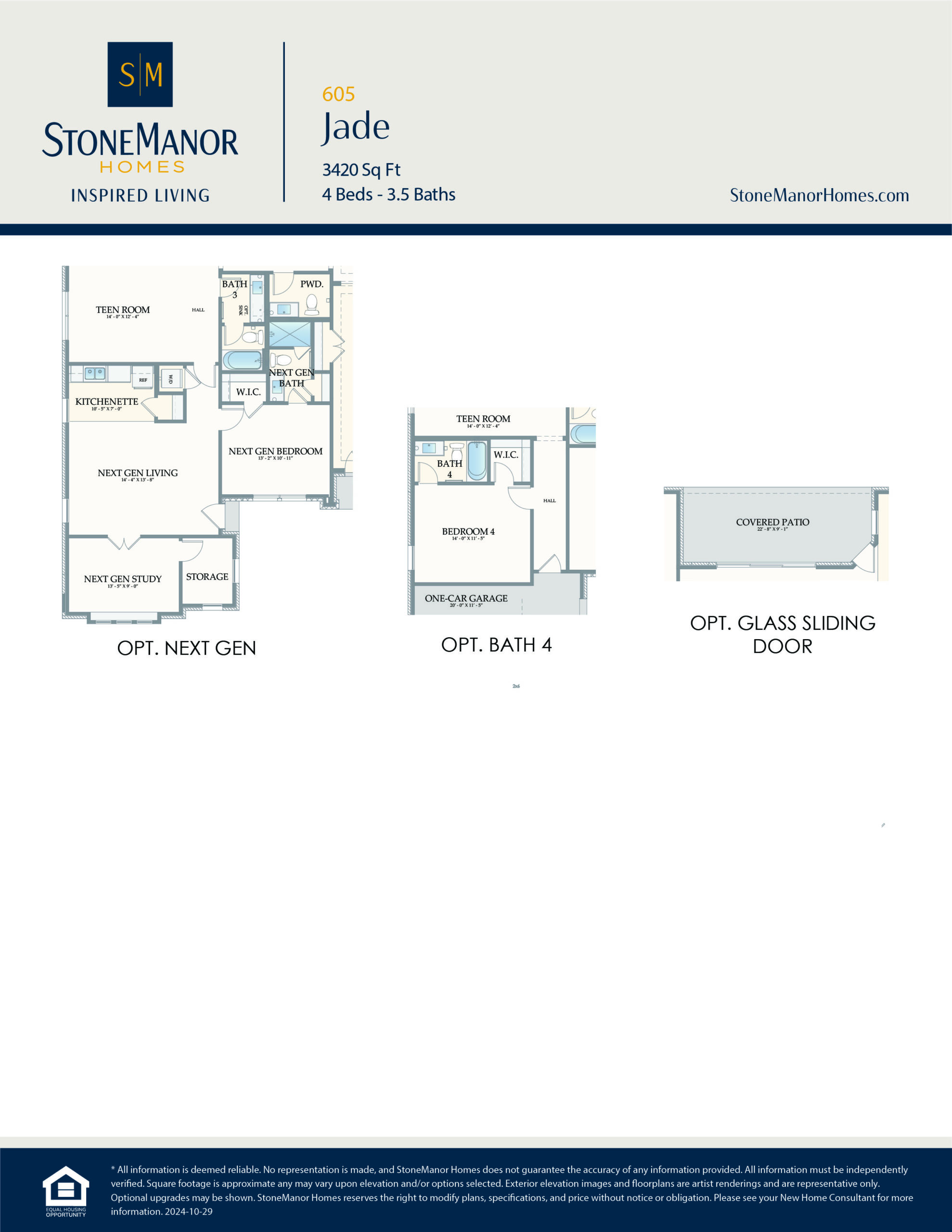 StoneManor Homes floor plan options for the Jade model, featuring layouts for an optional next generation suite, optional fourth bathroom, and optional glass sliding door. Specifications and branding appear at the top.