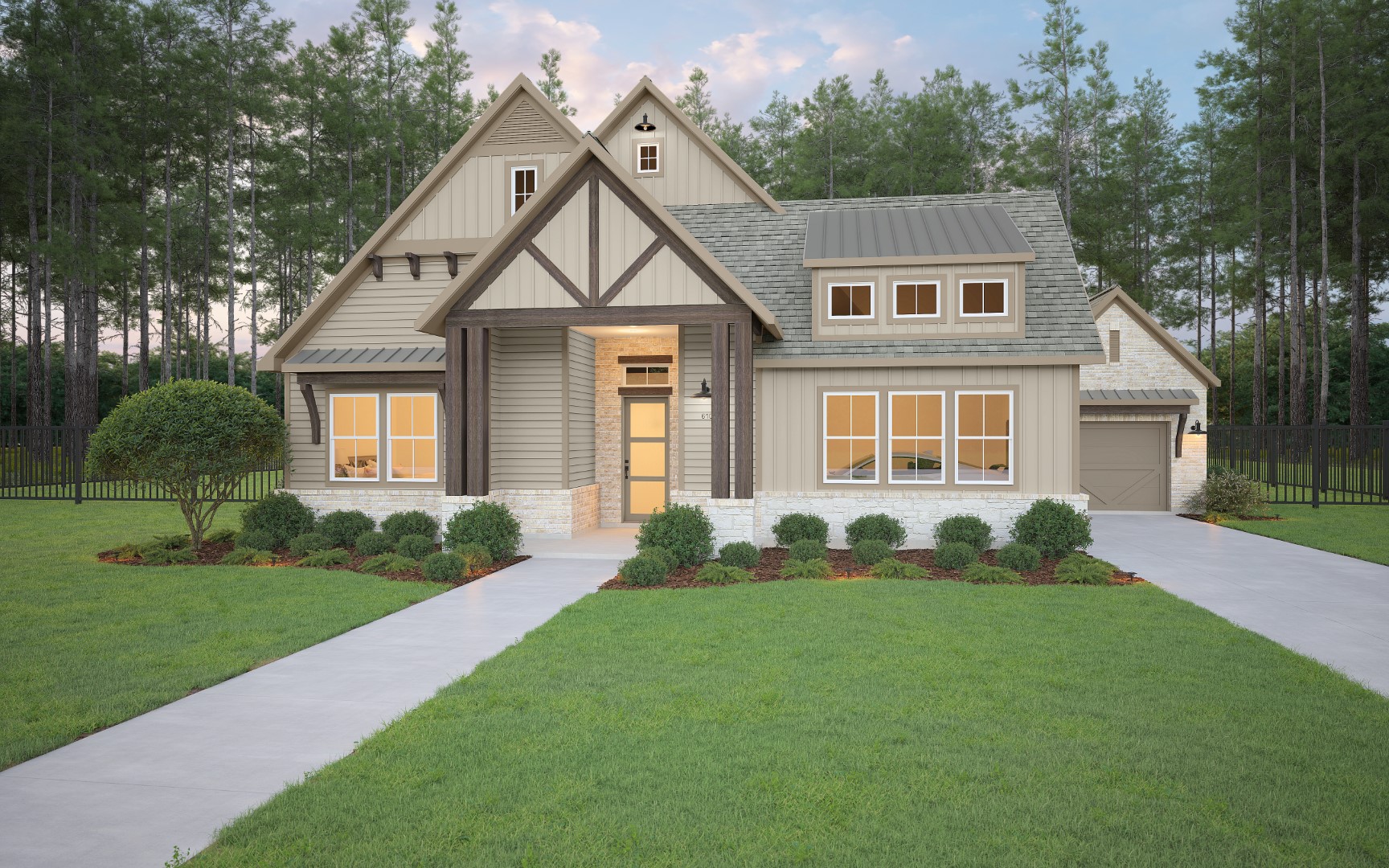 A modern suburban house with tan siding, white trim, and brown wood accents. The home has multiple peaked roofs, large windows, landscaped shrubs, and a green lawn bordered by two concrete walkways leading to the front door.