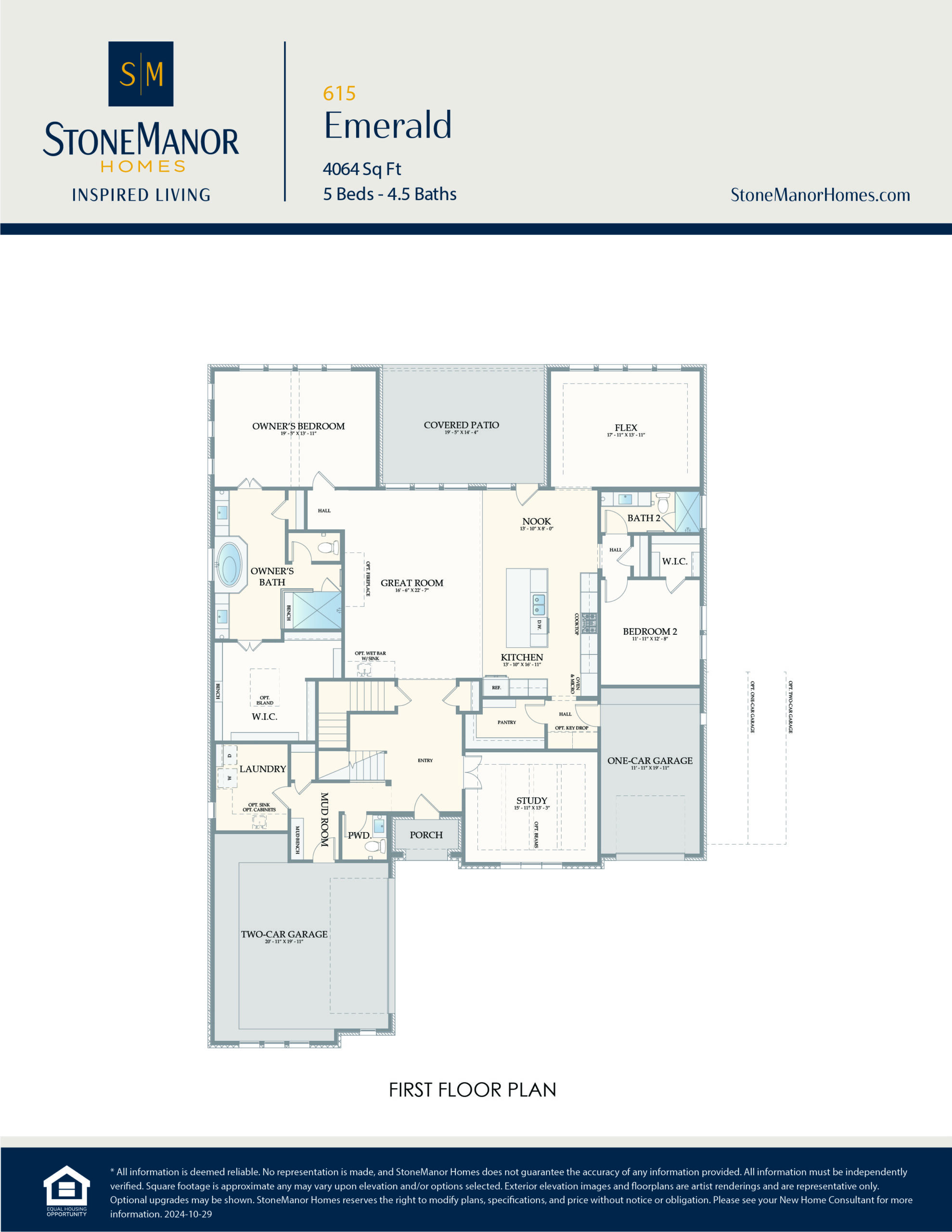 First floor plan for the Emerald model: features 5 bedrooms, 4.5 baths, garage, covered patio, great room, kitchen, dining, office, laundry, and multiple closets and bathrooms in a spacious, open layout.