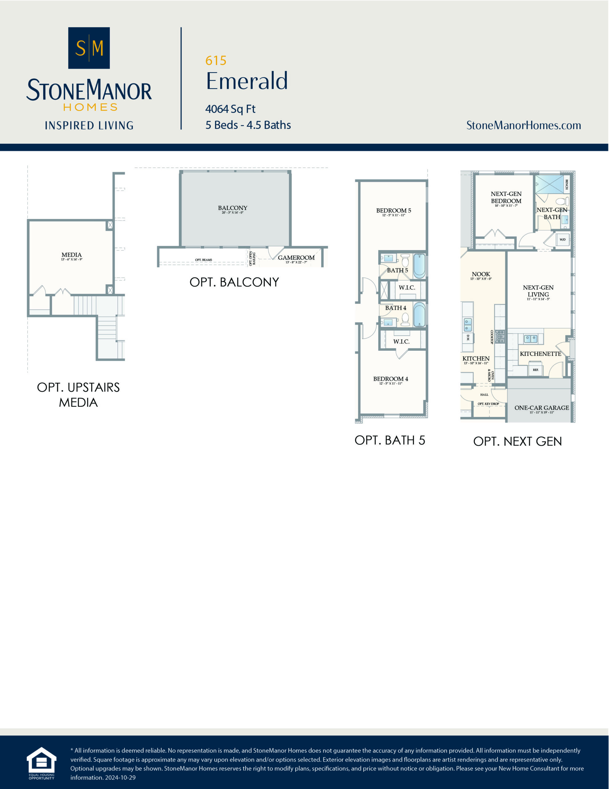 A floor plan options sheet for StoneManor Homes Emerald design, featuring layouts for upstairs media, balcony, optional bath 5, and a next gen suite, with branding and contact info at the top.