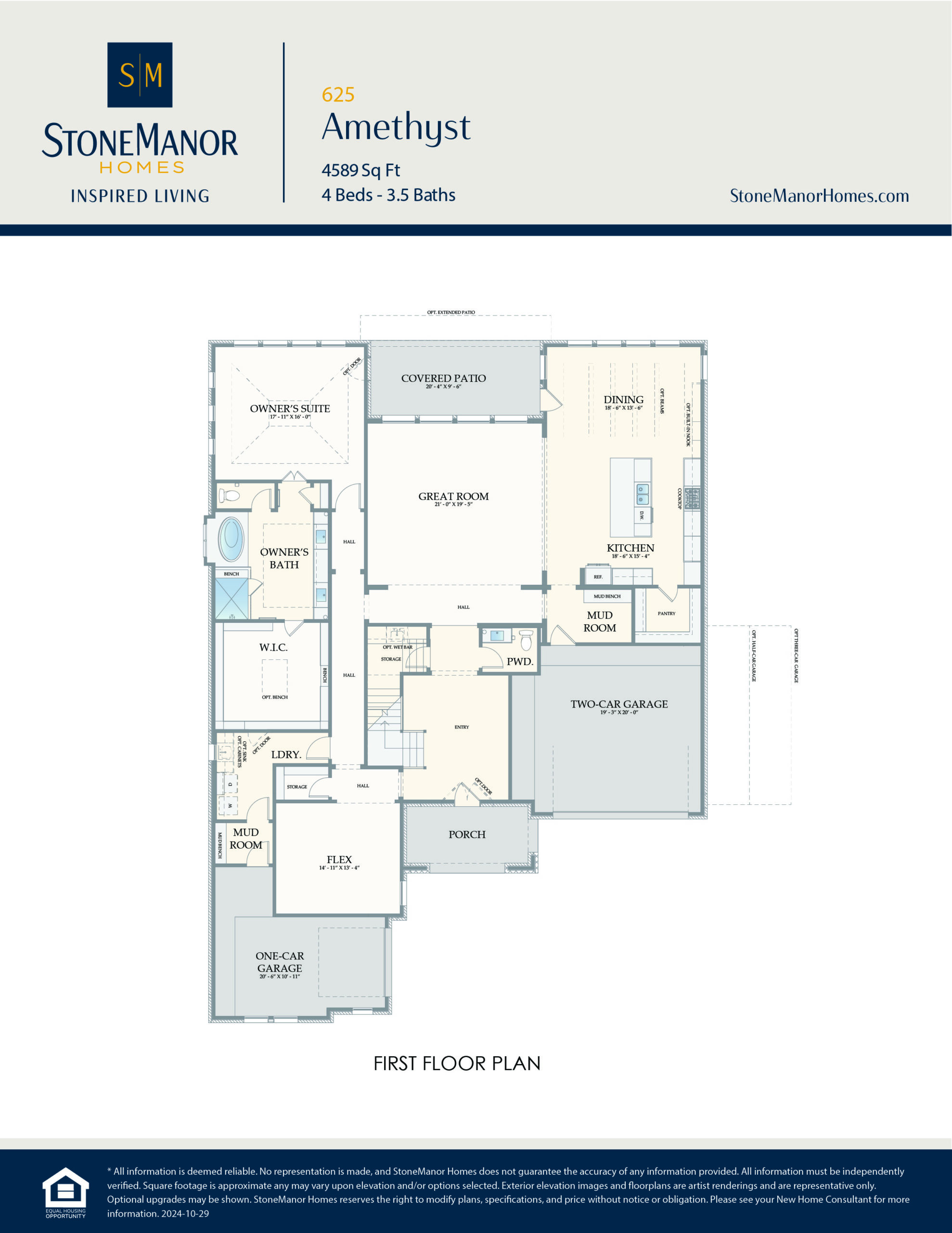 First floor plan of a house named Amethyst by Stone Manor Homes, showing labeled rooms including a great room, kitchen, dining area, bedrooms, bathrooms, laundry, covered patio, and garages. Blue and gray color scheme.